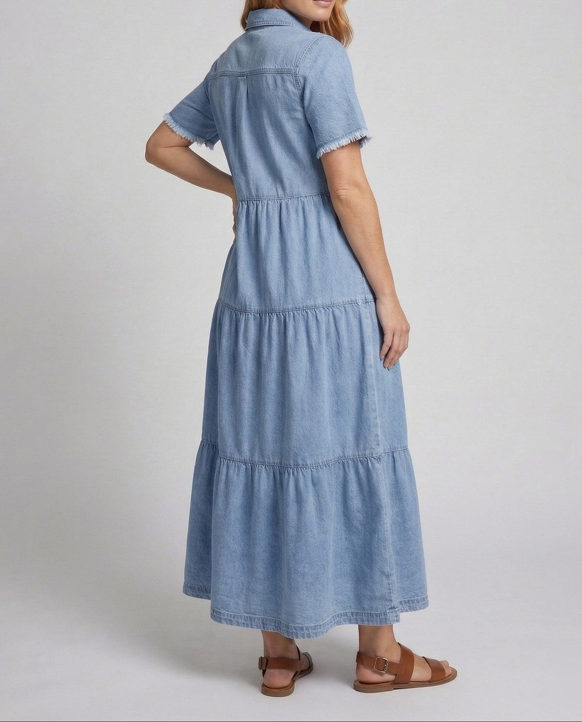 Women’s Tiered Denim Maxi Dress with Chest Pockets and Frayed Short Sleeves – Relaxed Collared Style for Casual Days and Summer Outings