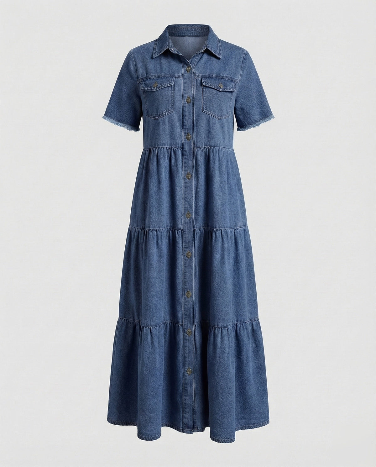 Women’s Tiered Denim Maxi Dress with Chest Pockets and Frayed Short Sleeves – Relaxed Collared Style for Casual Days and Summer Outings