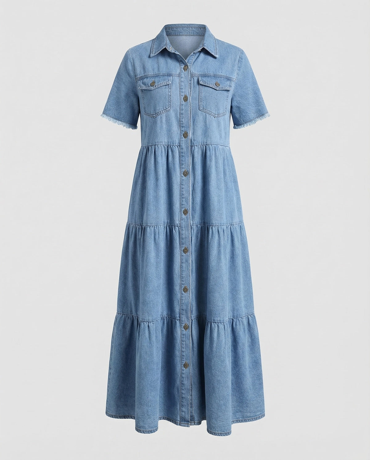 Women’s Tiered Denim Maxi Dress with Chest Pockets and Frayed Short Sleeves – Relaxed Collared Style for Casual Days and Summer Outings
