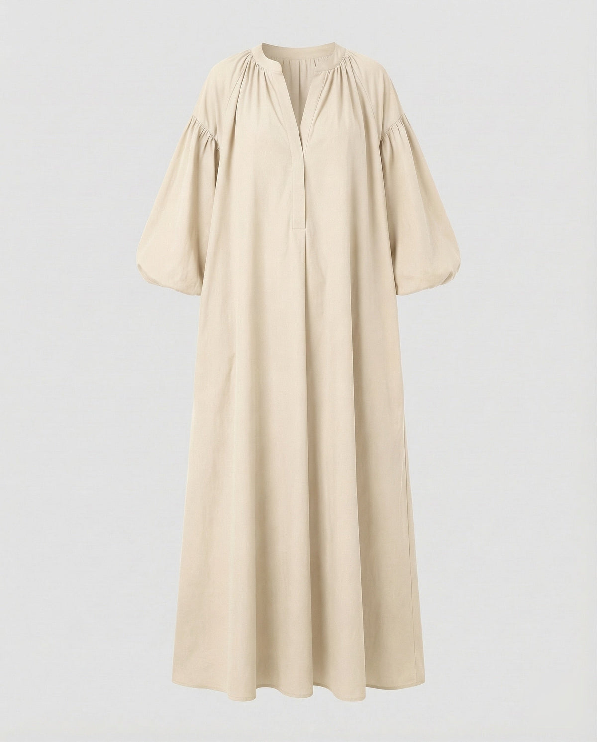 Vestido maxi caftan de mulher, com gola subida aberta e mangas balão – estilo evasé folgado para férias de verão e passeios descontraídos