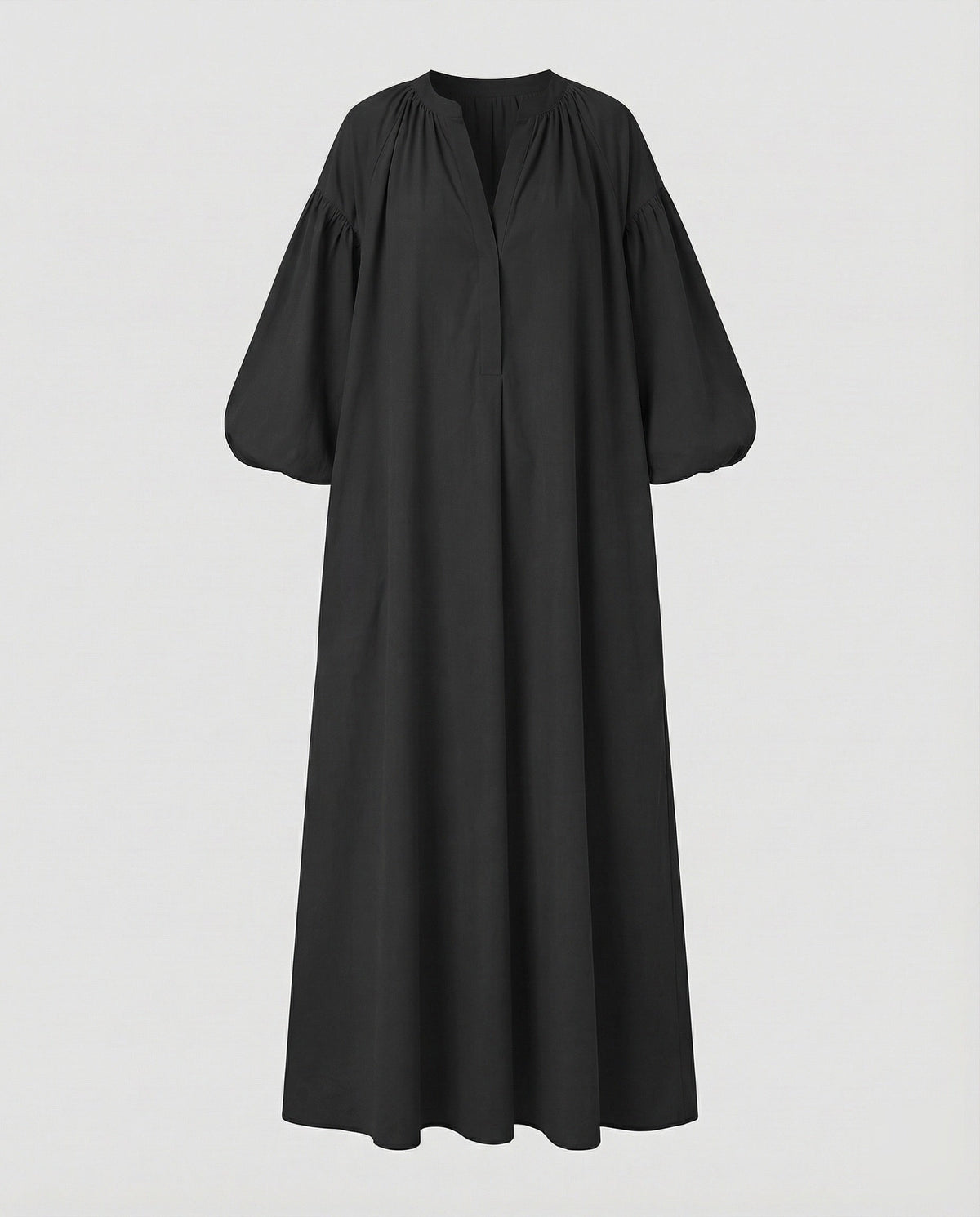 Vestido maxi caftan de mulher, com gola subida aberta e mangas balão – estilo evasé folgado para férias de verão e passeios descontraídos