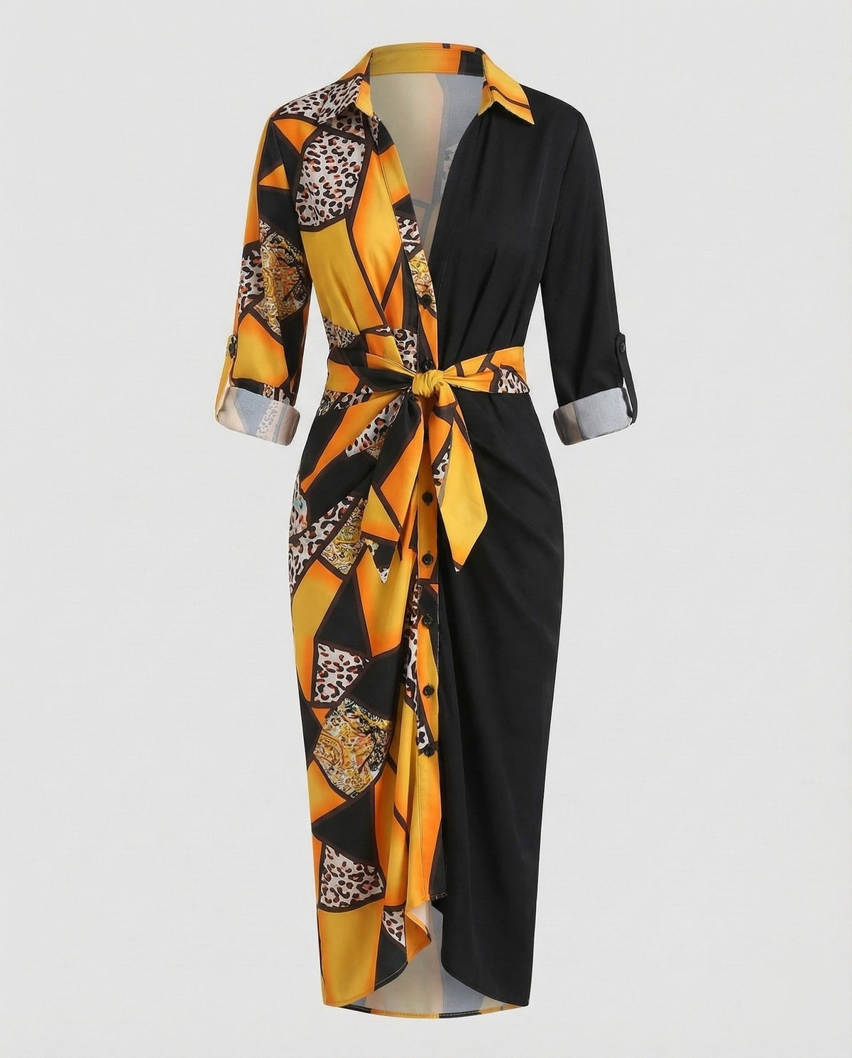 Robe chemise midi imprimée pour femme avec ceinture à nouer et manches retroussées - style à col pour le bureau et les sorties du week-end