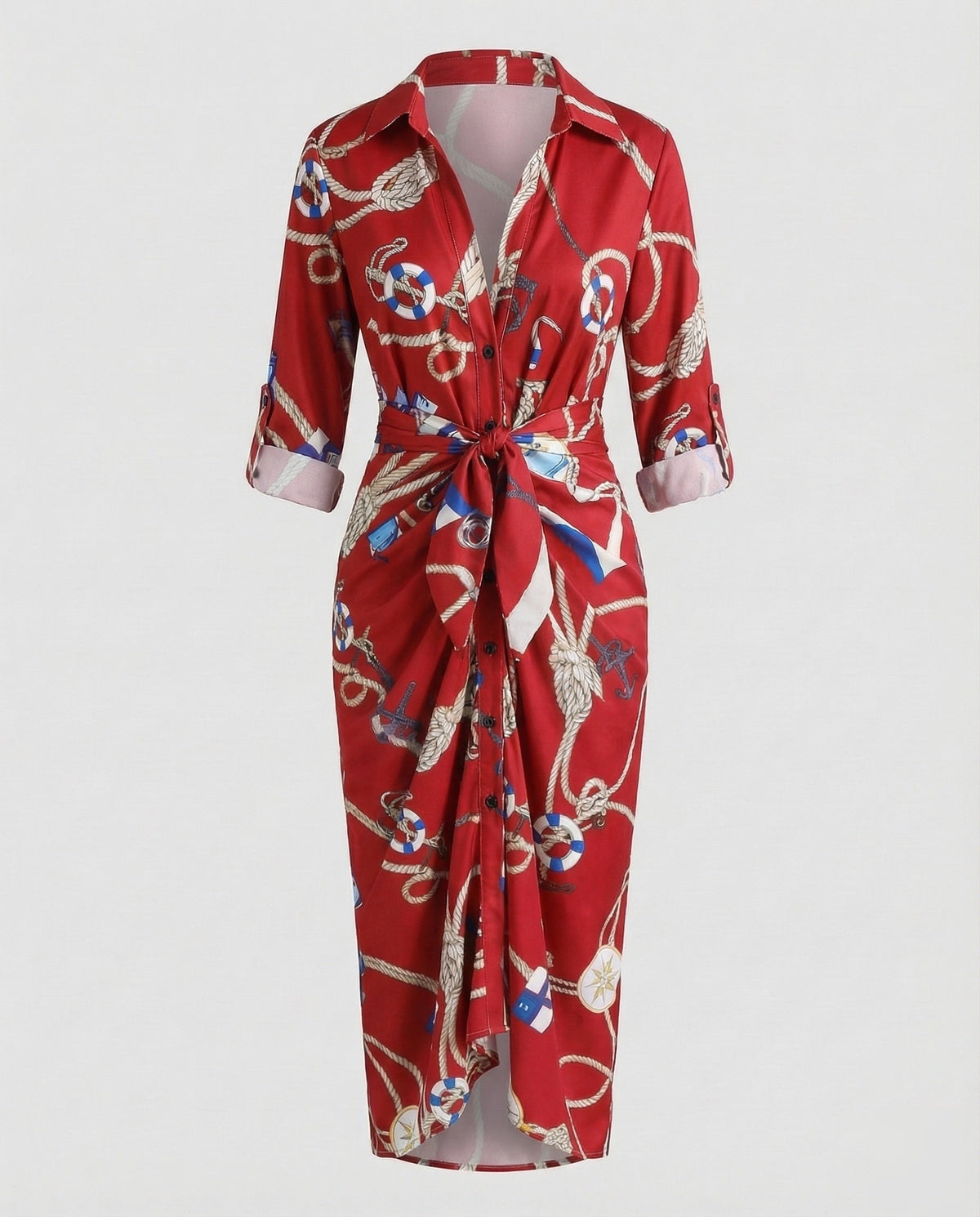 Robe chemise midi imprimée pour femme avec ceinture à nouer et manches retroussées - style à col pour le bureau et les sorties du week-end