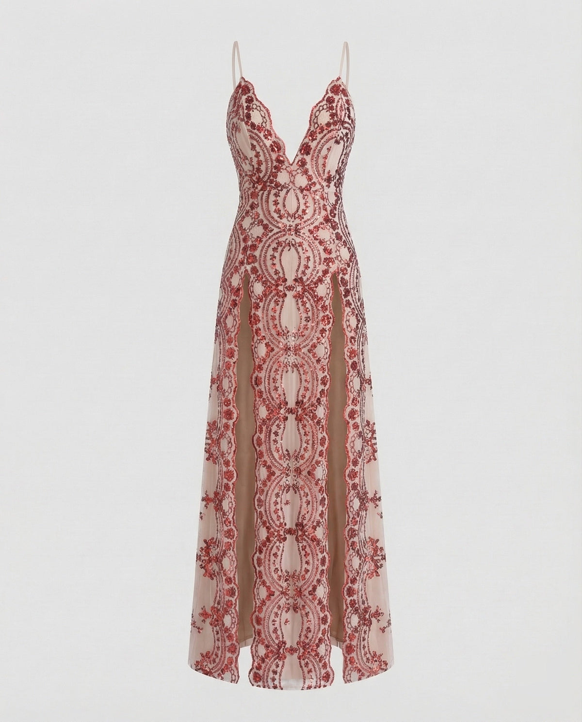 Robe de soirée longue en dentelle pour femme avec décolleté plongeant en V et doubles fentes sur les cuisses – Modèle ajusté sans manches pour les occasions spéciales