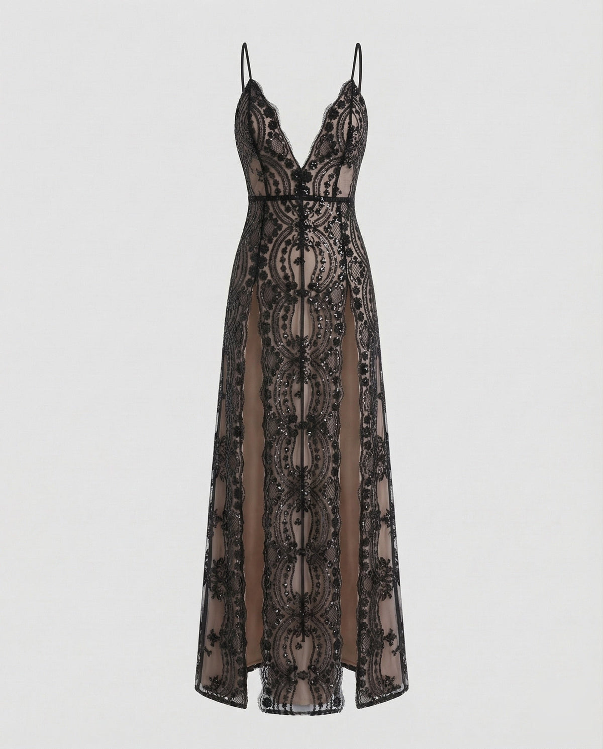 Robe de soirée longue en dentelle pour femme avec décolleté plongeant en V et doubles fentes sur les cuisses – Modèle ajusté sans manches pour les occasions spéciales