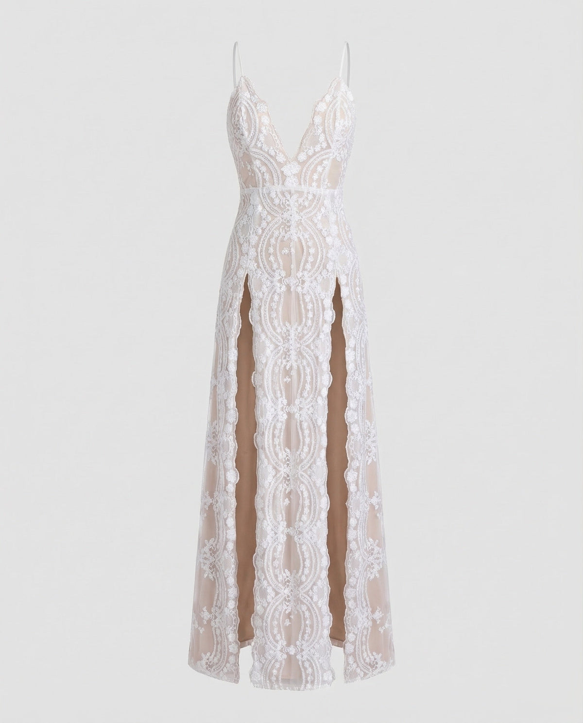 Robe de soirée longue en dentelle pour femme avec décolleté plongeant en V et doubles fentes sur les cuisses – Modèle ajusté sans manches pour les occasions spéciales