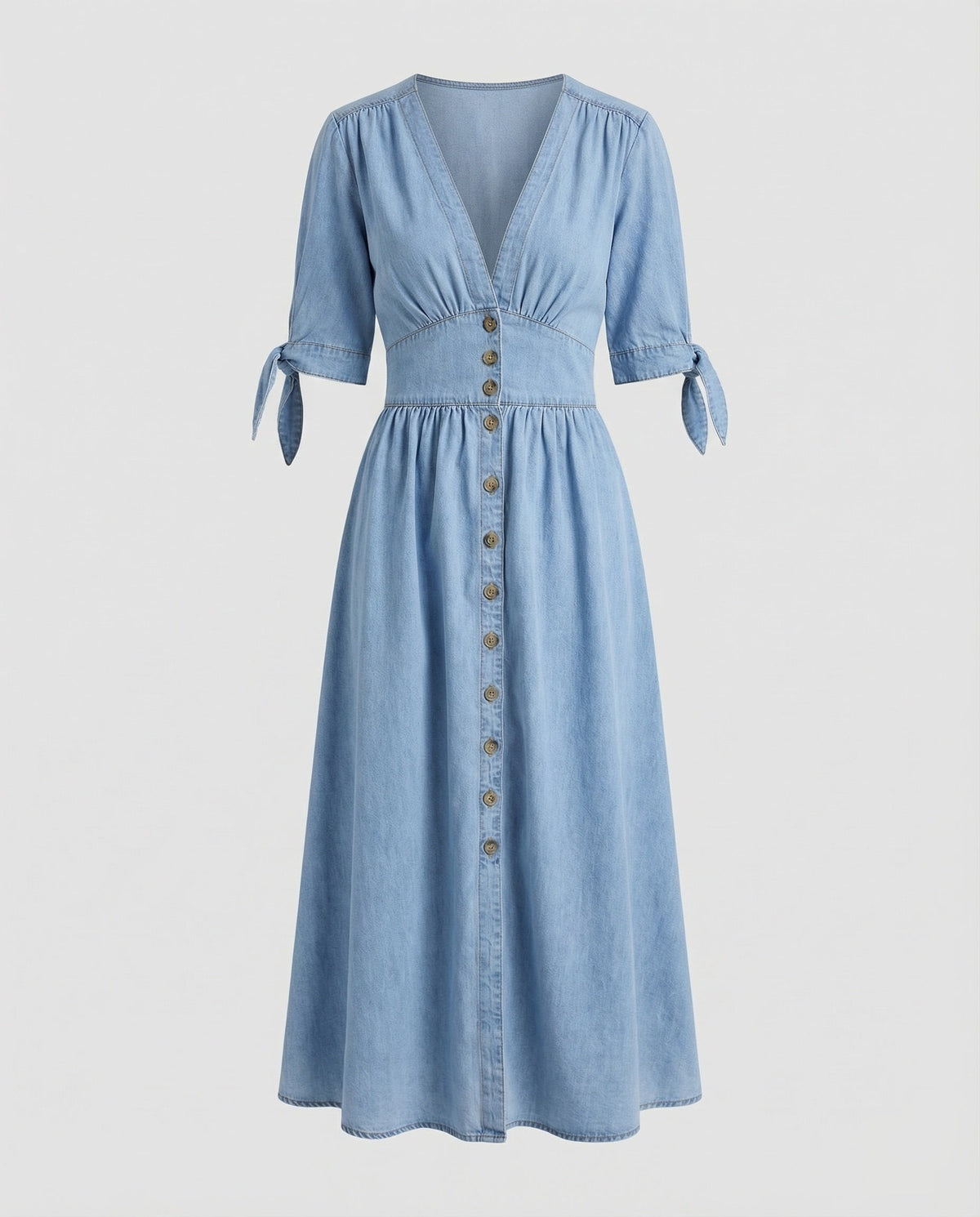 Vestido comprido de senhora com aspeto de ganga, decote em V e mangas com laços – modelo em linha A com cintura marcada e bolsos, para conjuntos casuais de verão