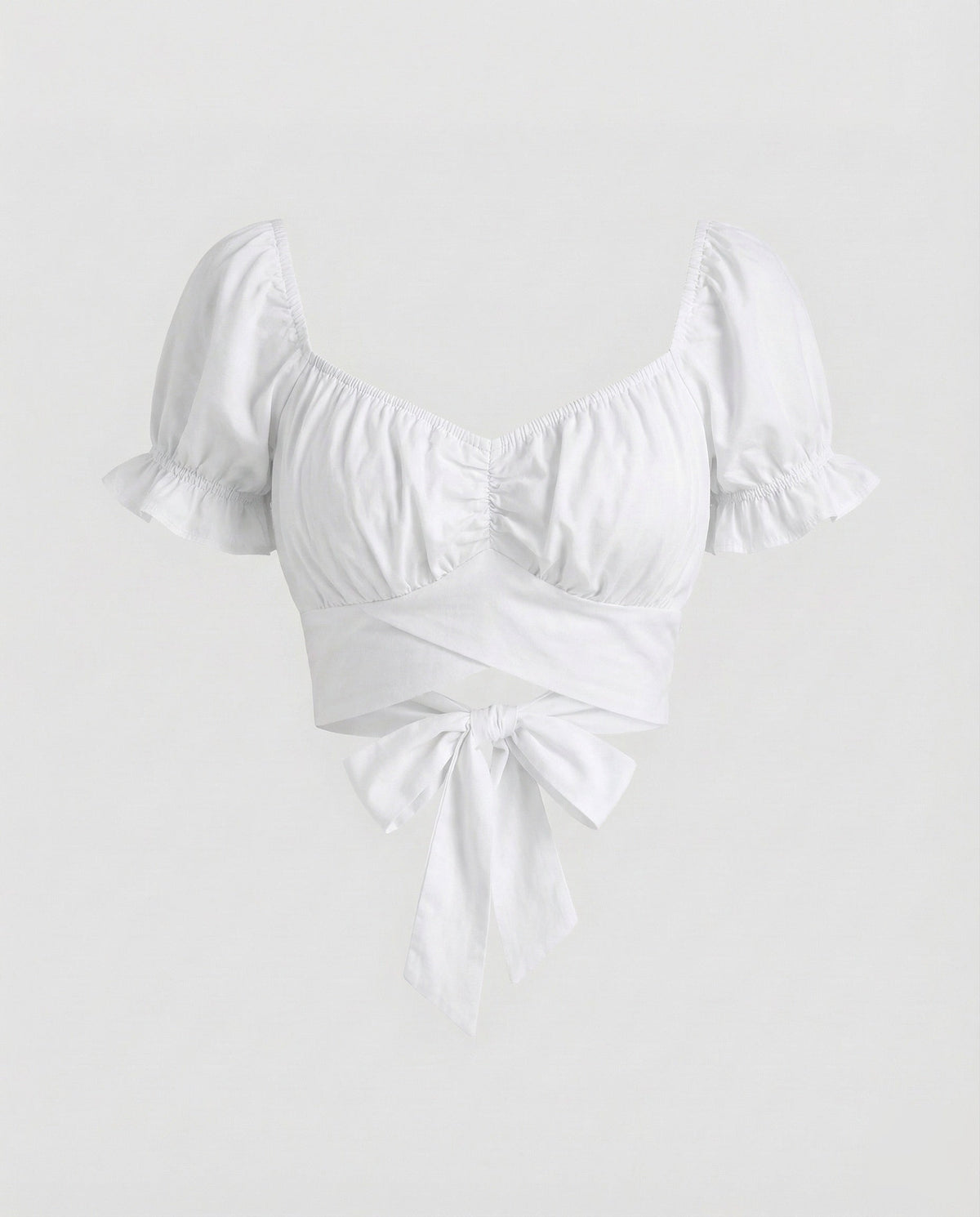 Blusa curta para mulher, com mangas balão, decote franzido e cintura cruzada – Modelo justo de verão para férias e noites casuais