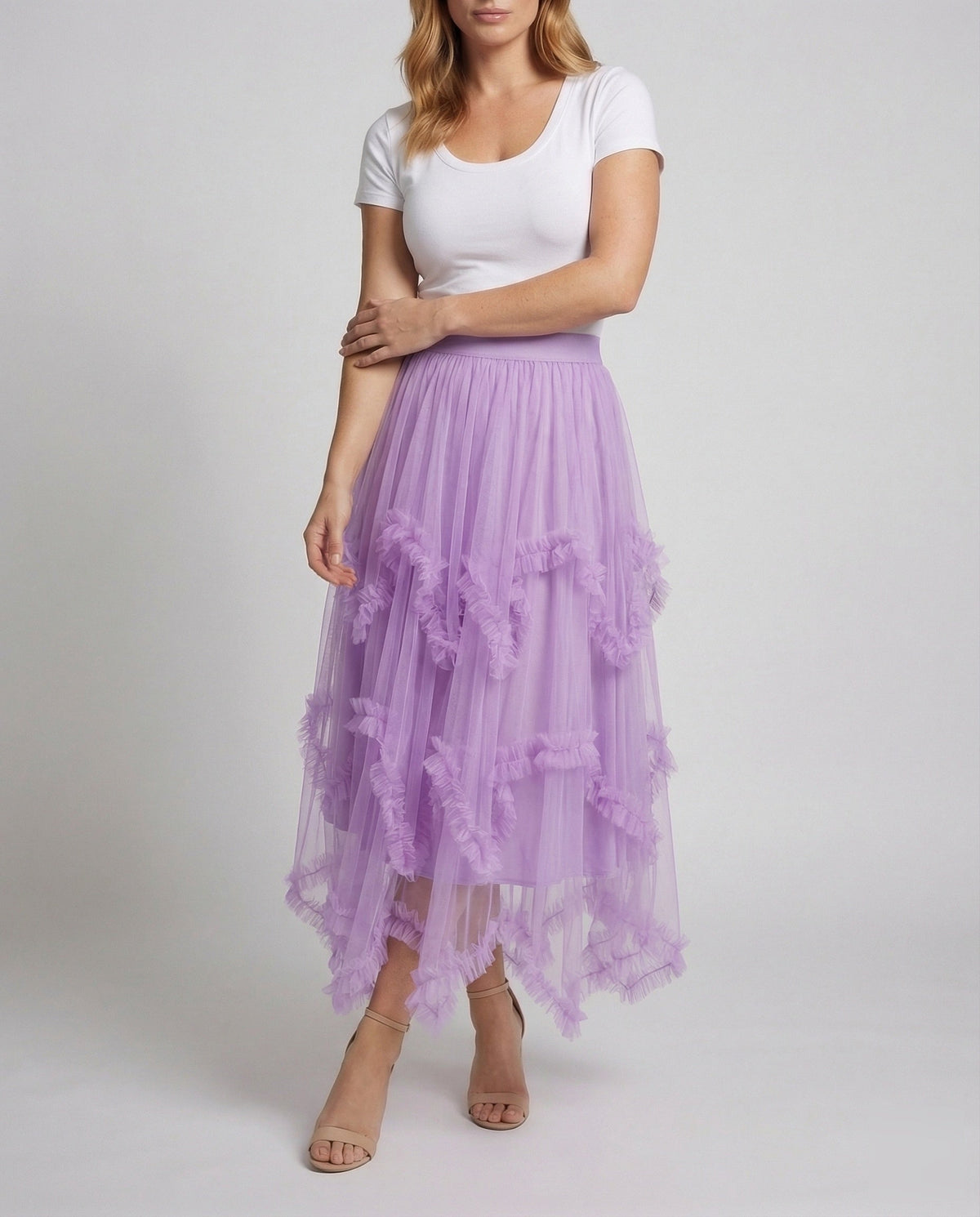 Gonna midi da donna in tulle a strati con bordo arricciato ondulato e orlo asimmetrico – Modello svasato ampio per feste e occasioni speciali