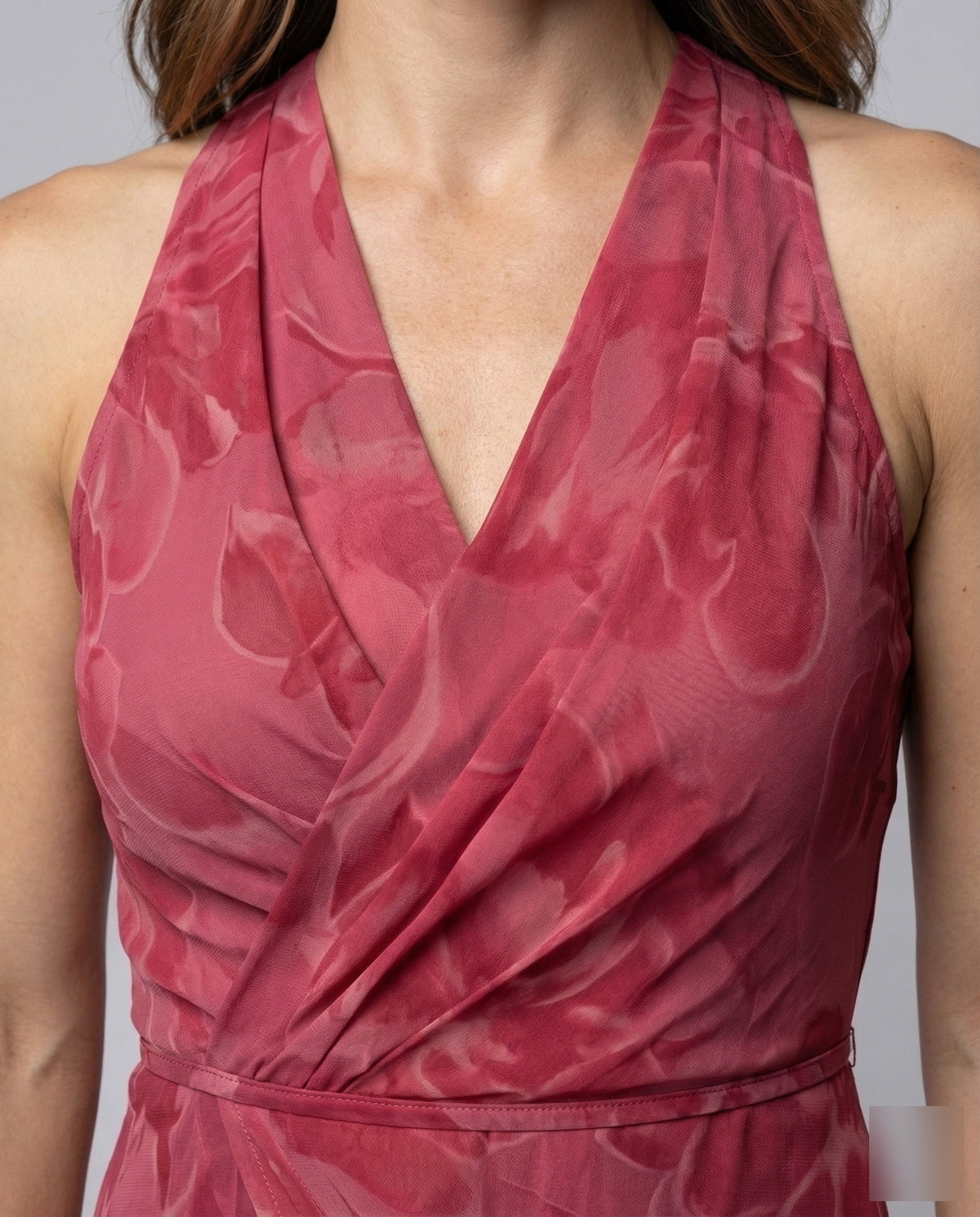 Women’s Printed Wrap-Effect Maxi Dress with V-Neckline and High Front Split – Draped Sleeveless Style for Weddings and Evening Occasions
