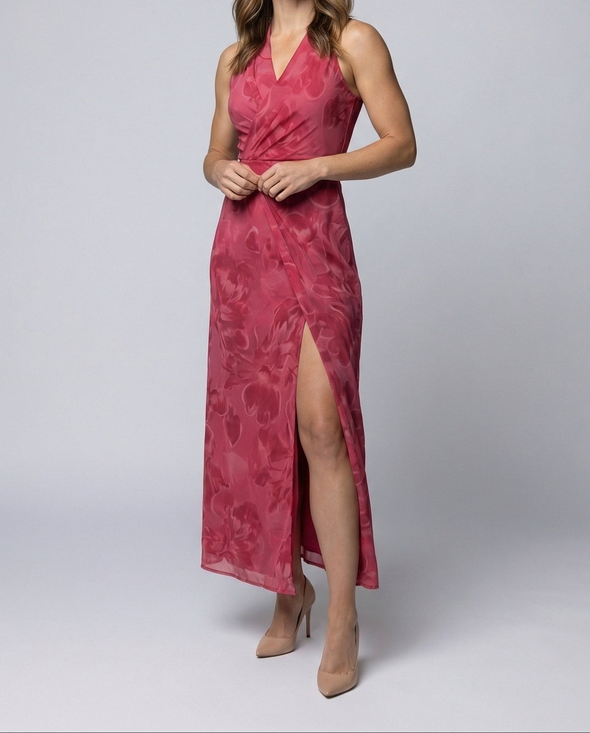 Women’s Printed Wrap-Effect Maxi Dress with V-Neckline and High Front Split – Draped Sleeveless Style for Weddings and Evening Occasions