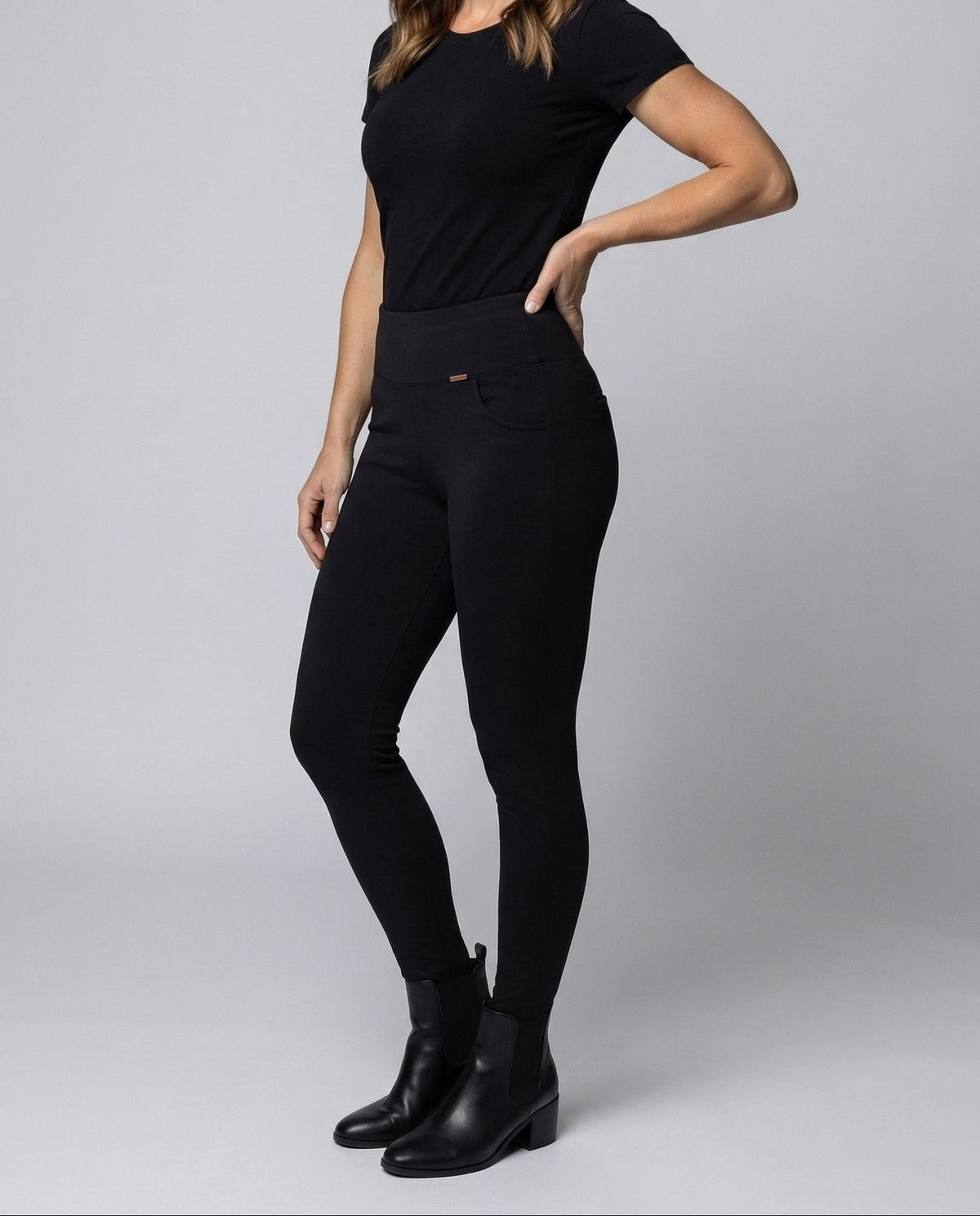 Leggings da donna a vita alta con fascia larga e dettagli delle tasche curvi – Modello aderente a tutta lunghezza per look casual di tutti i giorni