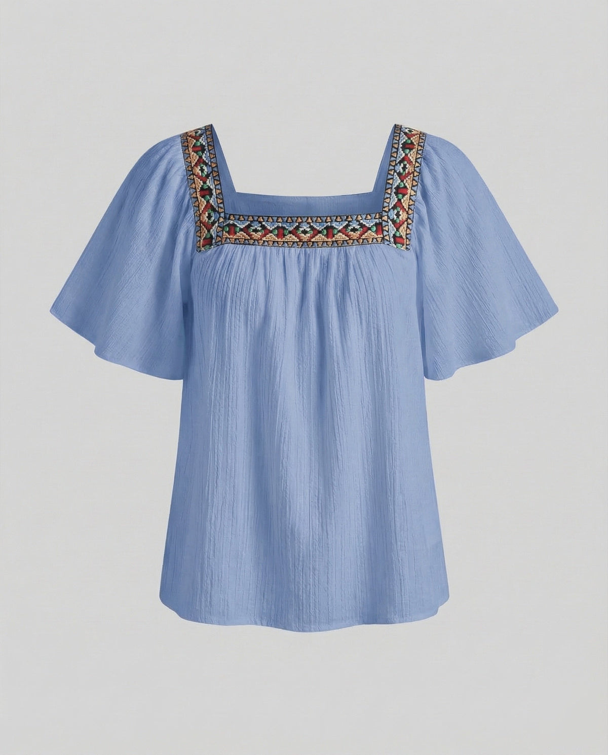 Boho-bluse til kvinder med firkantet halsudskæring, dekorative detaljer og flæseærmer – afslappet sommerstil til hverdags- og ferietøj