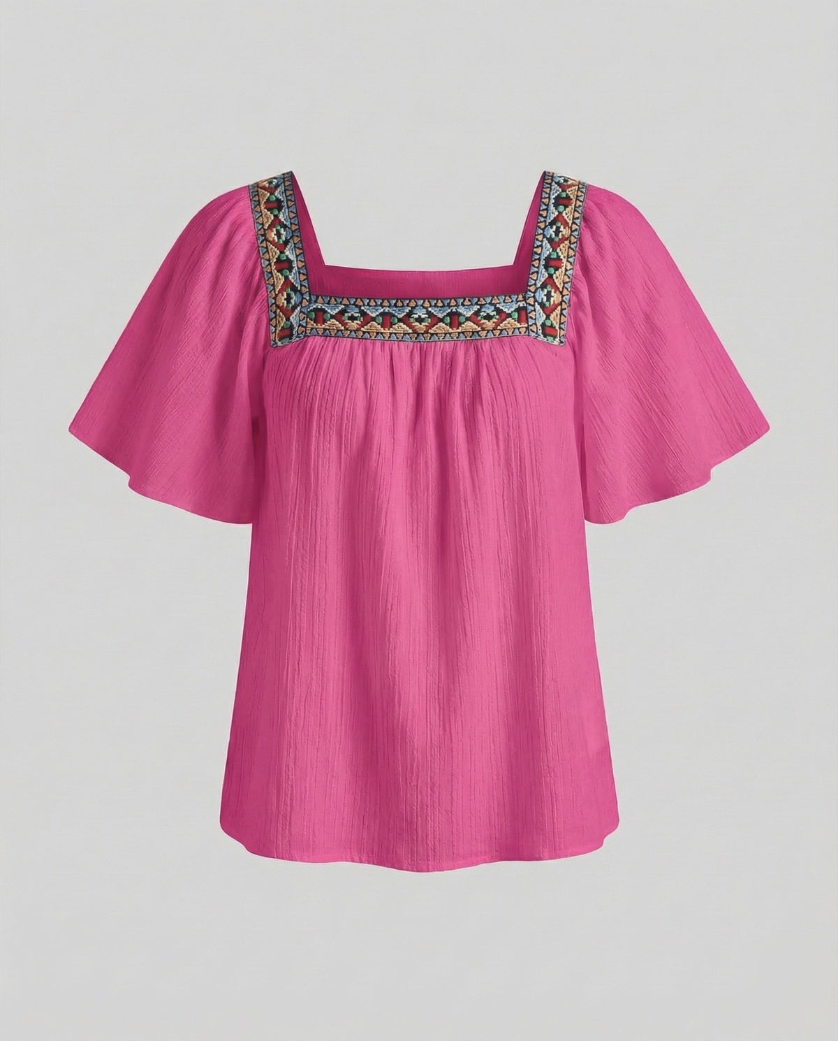 Boho-bluse til kvinder med firkantet halsudskæring, dekorative detaljer og flæseærmer – afslappet sommerstil til hverdags- og ferietøj