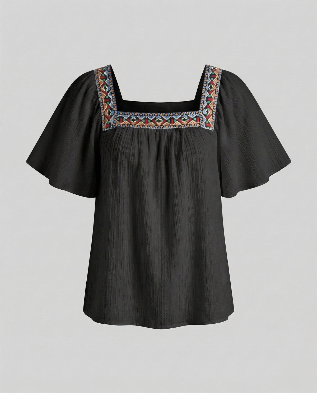 Boho-bluse til kvinder med firkantet halsudskæring, dekorative detaljer og flæseærmer – afslappet sommerstil til hverdags- og ferietøj