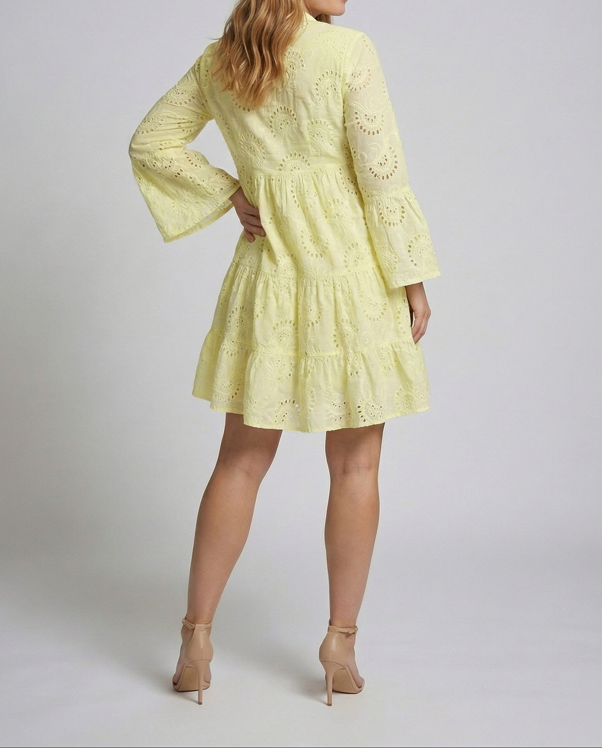 Women’s Broderie Anglaise Mini Dress with Flared Sleeves and Tiered Skirt – Relaxed Stand Collar Style for Summer Lunches and Holidays