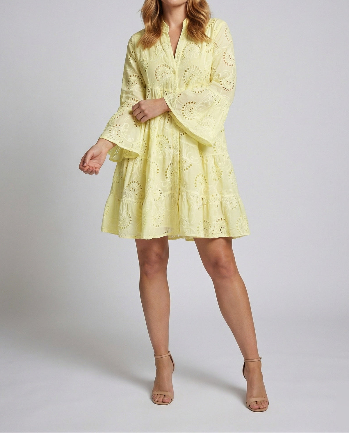 Women’s Broderie Anglaise Mini Dress with Flared Sleeves and Tiered Skirt – Relaxed Stand Collar Style for Summer Lunches and Holidays