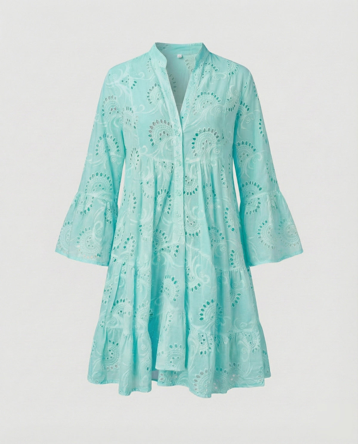 Women’s Broderie Anglaise Mini Dress with Flared Sleeves and Tiered Skirt – Relaxed Stand Collar Style for Summer Lunches and Holidays