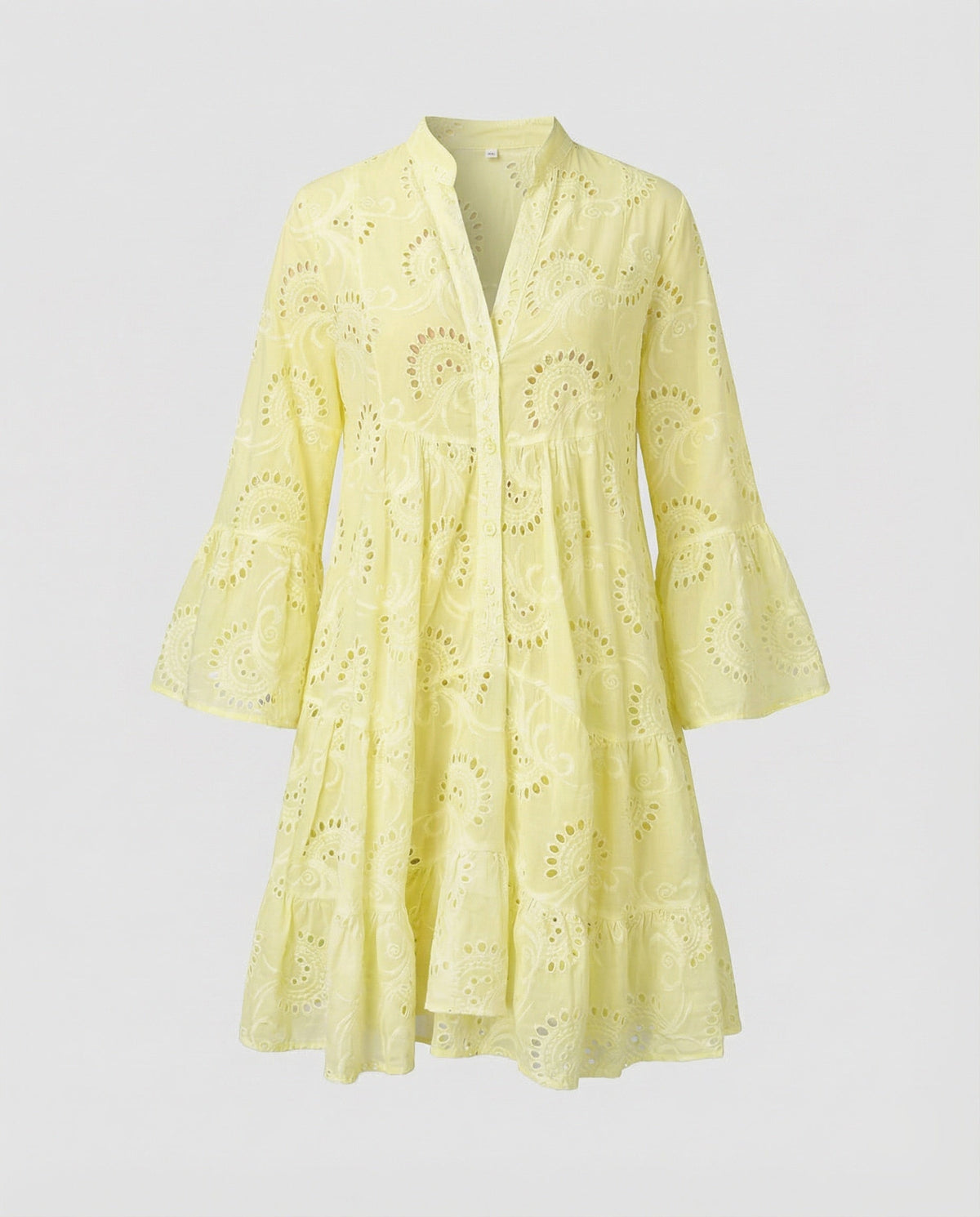 Women’s Broderie Anglaise Mini Dress with Flared Sleeves and Tiered Skirt – Relaxed Stand Collar Style for Summer Lunches and Holidays