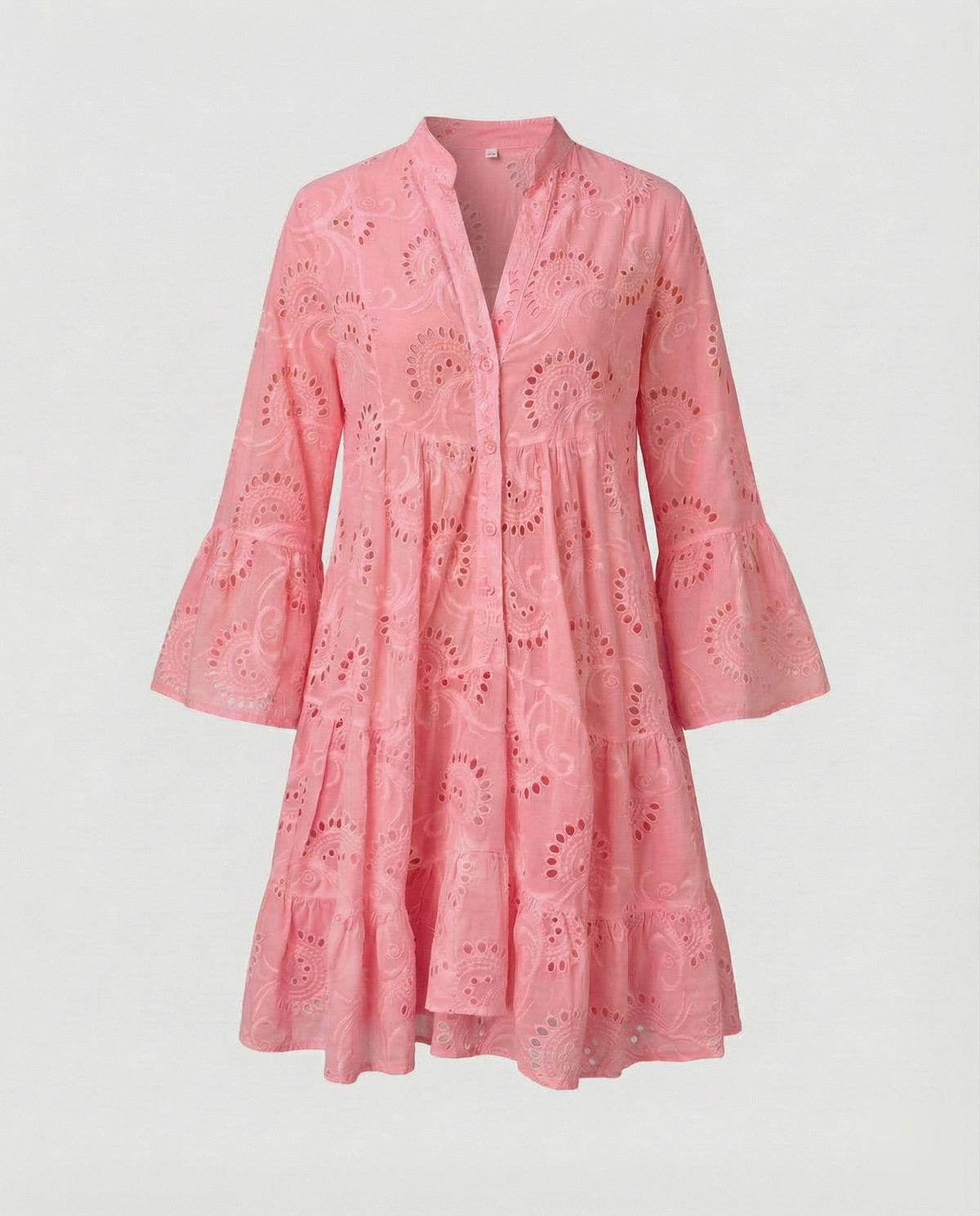 Women’s Broderie Anglaise Mini Dress with Flared Sleeves and Tiered Skirt – Relaxed Stand Collar Style for Summer Lunches and Holidays