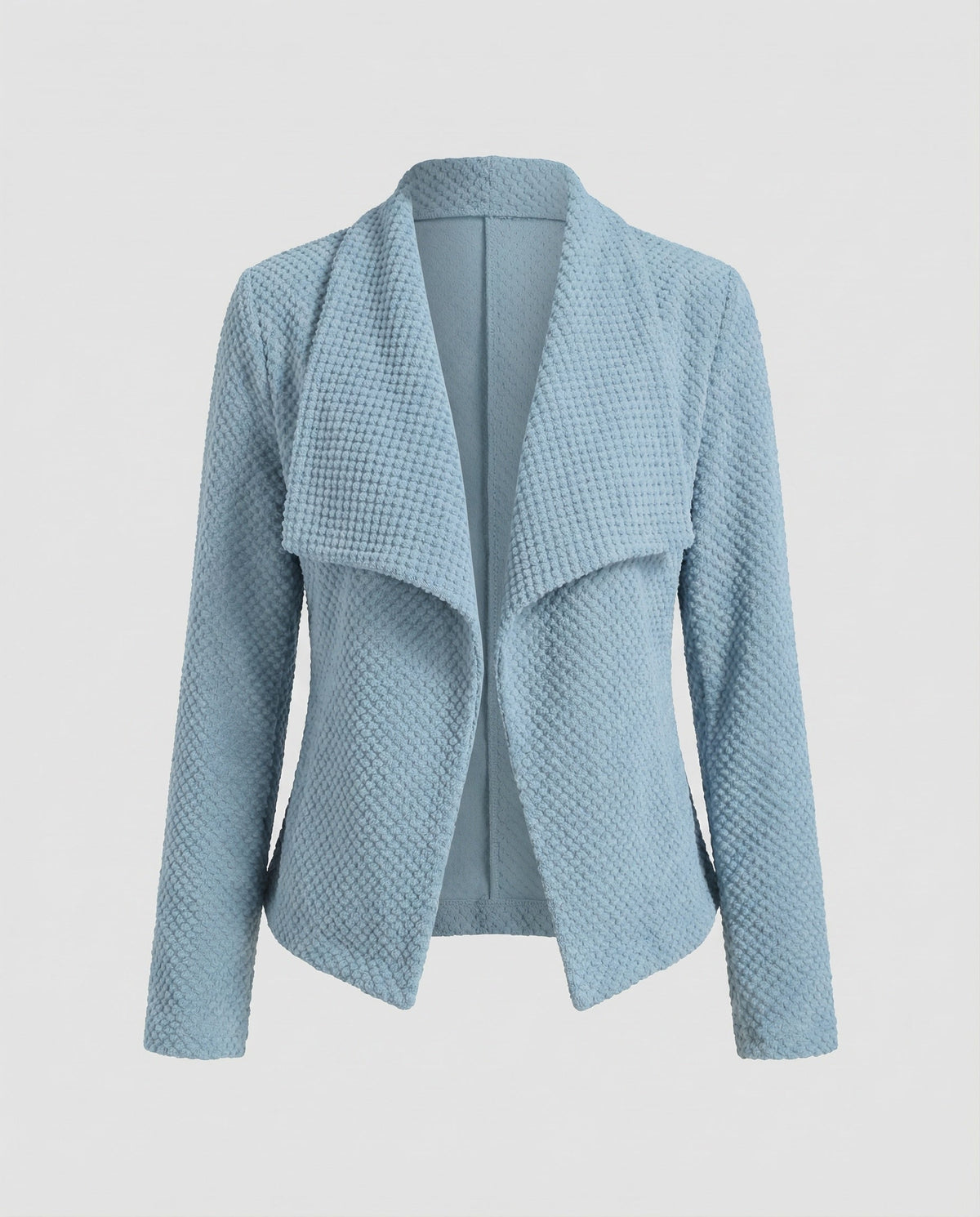 Cardigan testurizzato da donna con colletto ampio drappeggiato a cascata e maniche lunghe – Modello corto aperto sul davanti per l’ufficio e da indossare a strati nel tempo libero