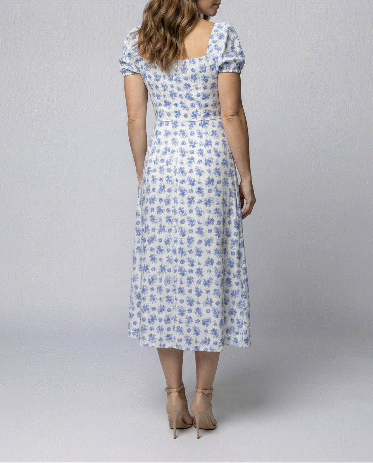 Women’s Printed Midi Dress with Puff Sleeves and Gathered Tie Neckline – Fitted Waist Style with Front Split for Summer Occasions