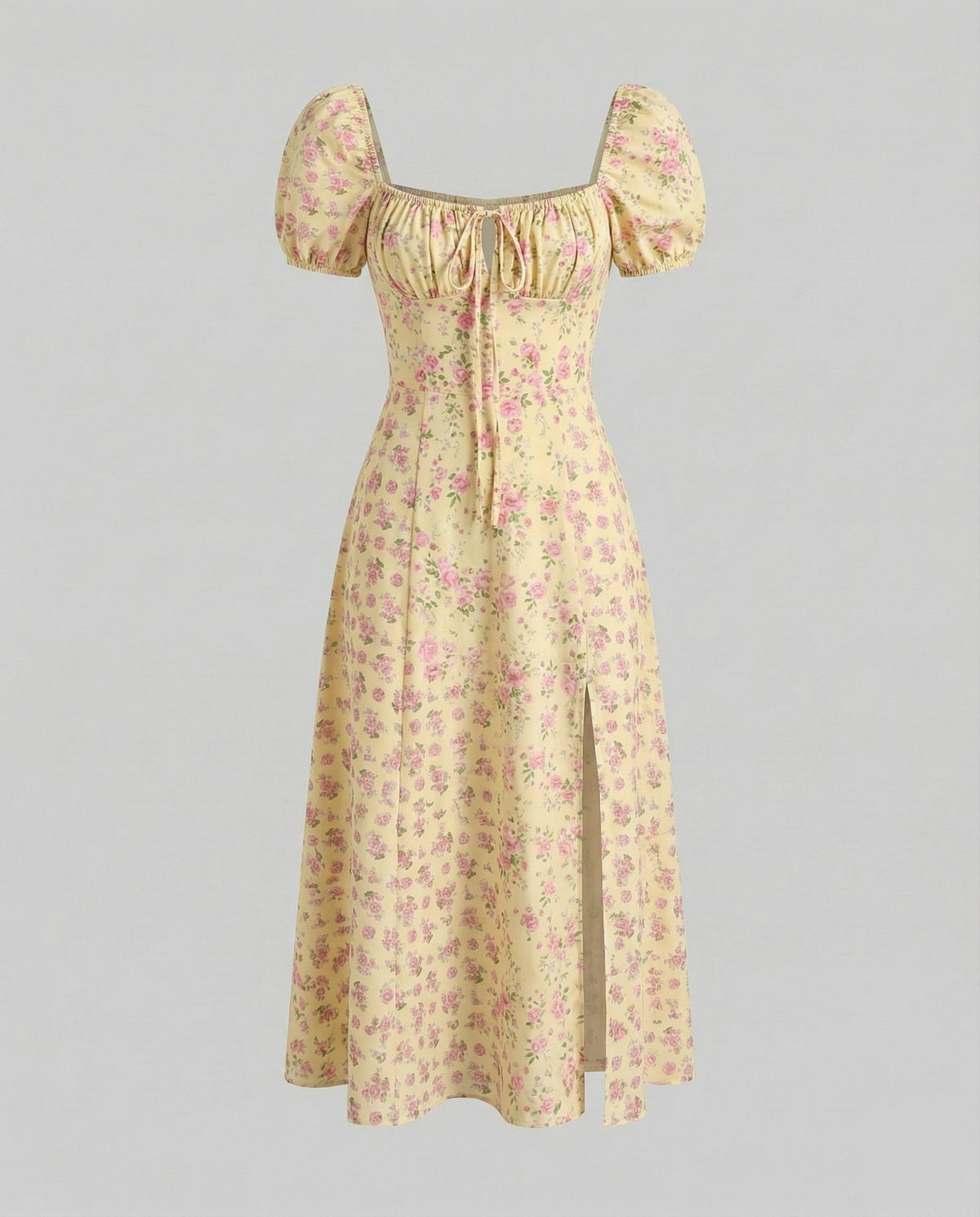 Women’s Printed Midi Dress with Puff Sleeves and Gathered Tie Neckline – Fitted Waist Style with Front Split for Summer Occasions