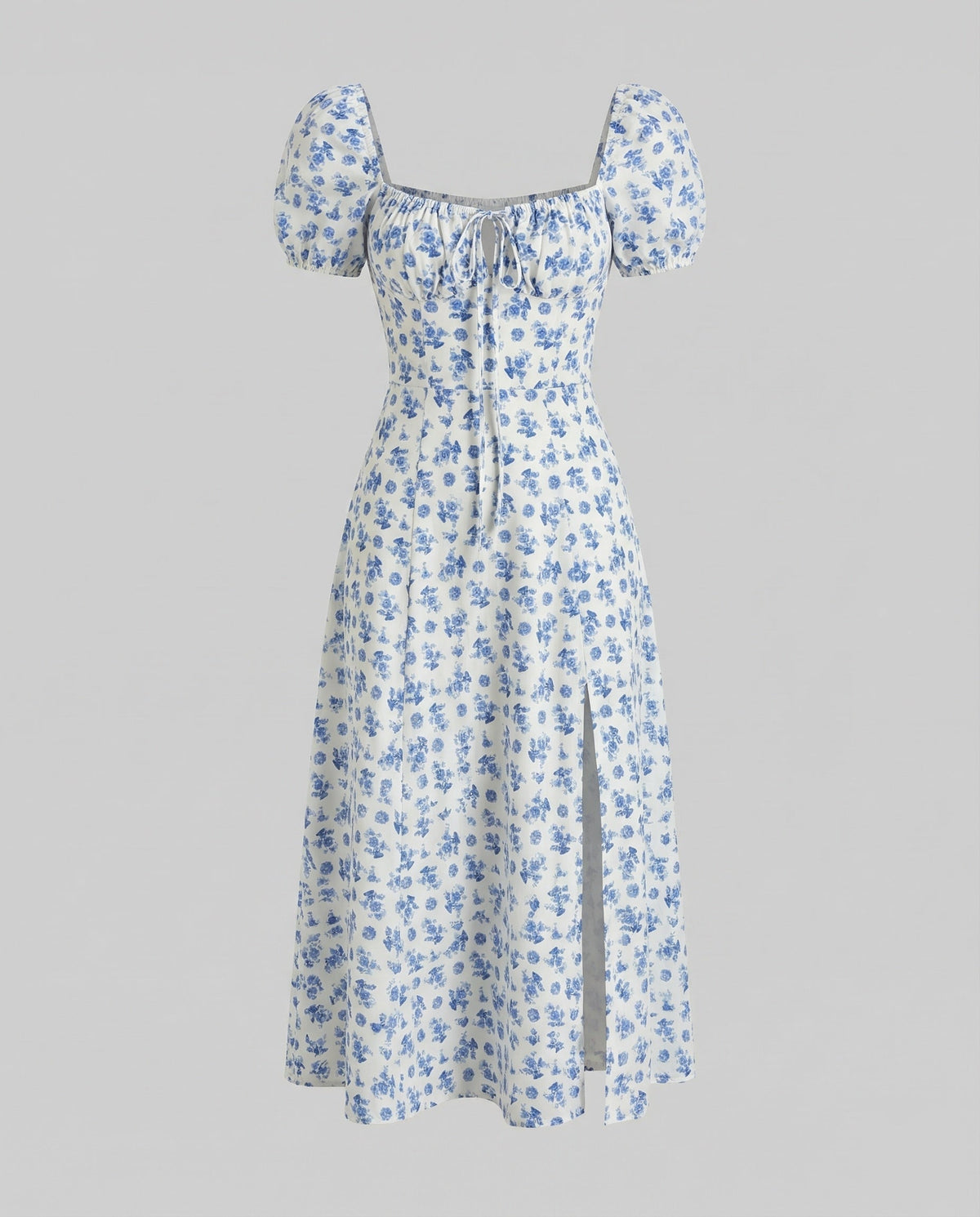 Women’s Printed Midi Dress with Puff Sleeves and Gathered Tie Neckline – Fitted Waist Style with Front Split for Summer Occasions