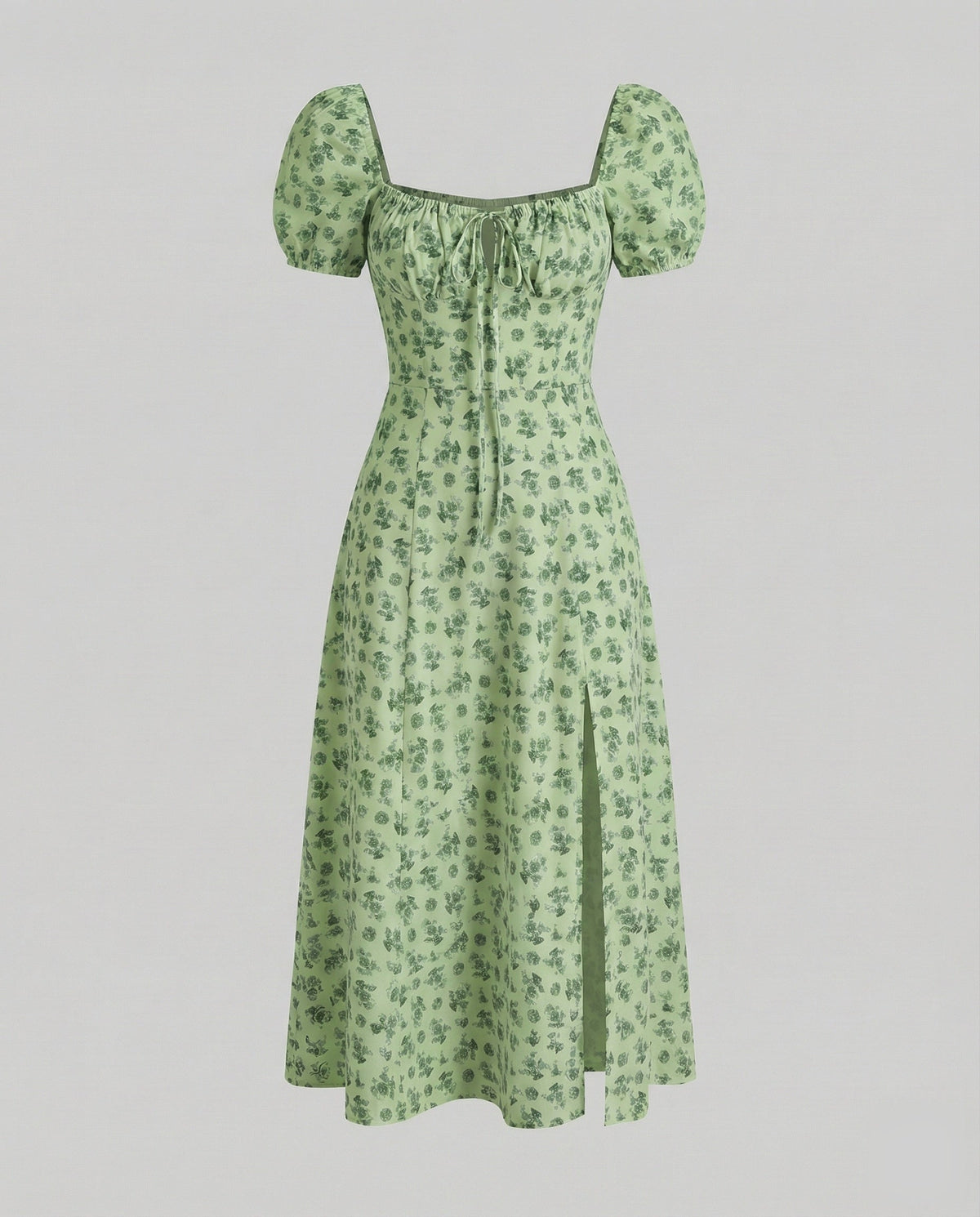 Women’s Printed Midi Dress with Puff Sleeves and Gathered Tie Neckline – Fitted Waist Style with Front Split for Summer Occasions