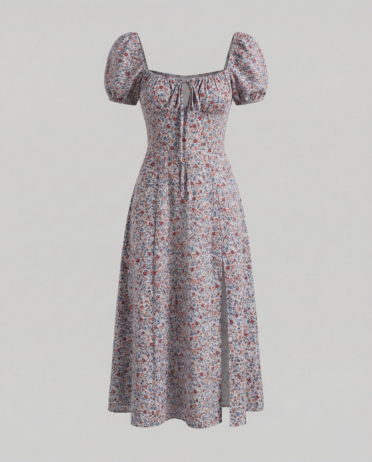 Women’s Printed Midi Dress with Puff Sleeves and Gathered Tie Neckline – Fitted Waist Style with Front Split for Summer Occasions