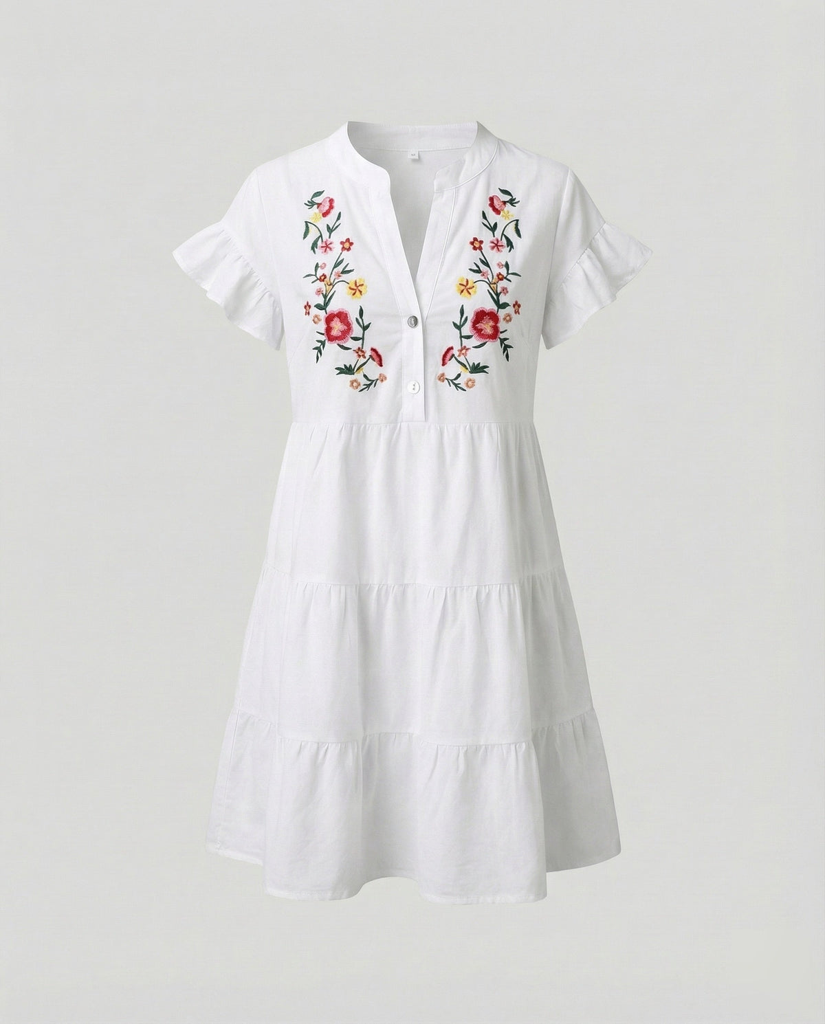 Vestido-túnica mini bordado para mulher, com mangas com franjas e saia em camadas – modelo descontraído com decote em bico para férias de verão