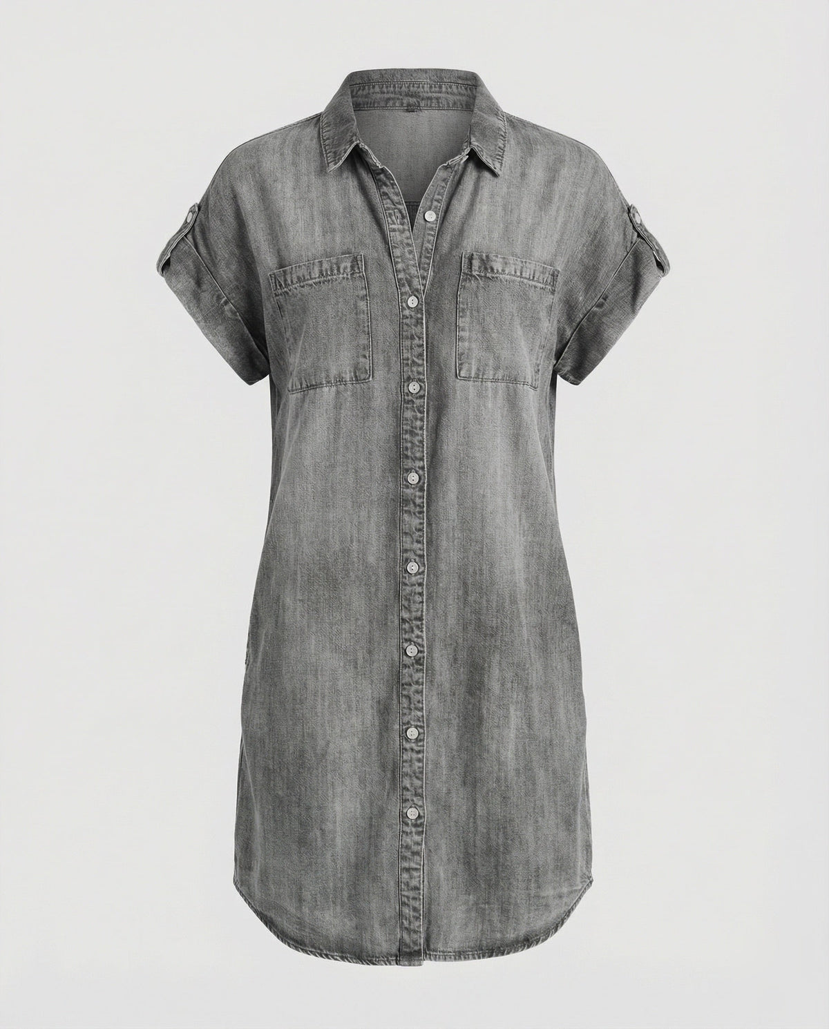 Women’s Denim Shirt Dress with Chest Pockets and Curved Hem – Relaxed Short Sleeve Style for Everyday Wear