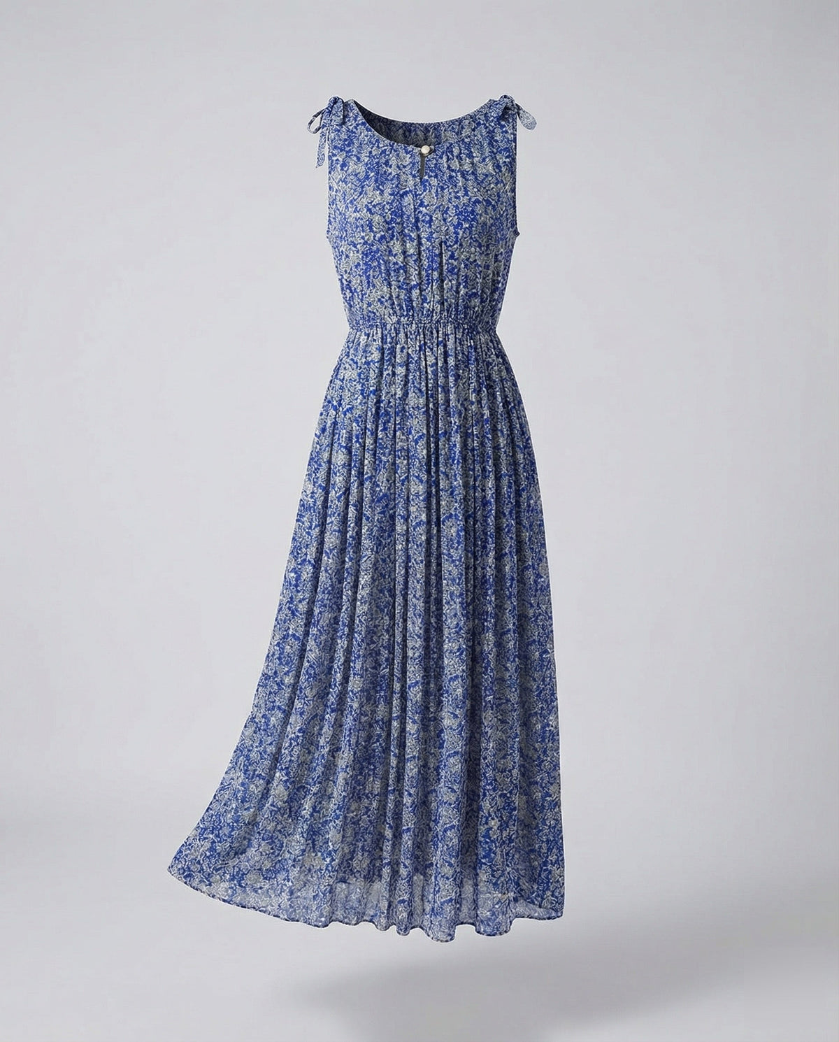 Abito midi stampato da donna con spalline annodate e vita arricciata - stile boho senza maniche per le giornate estive