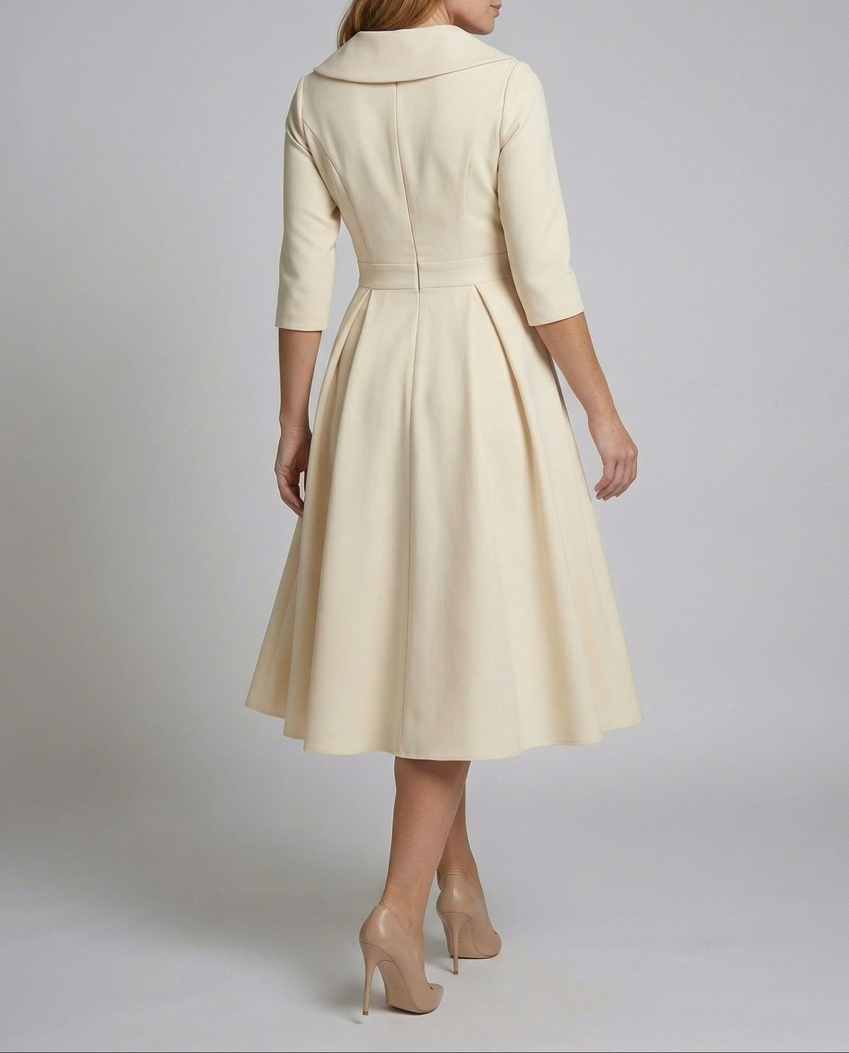 Vestido midi de senhora com gola de xaile, corpete com efeito cruzado e cintura marcada - estilo rodado de inspiração retro para ocasiões especiais