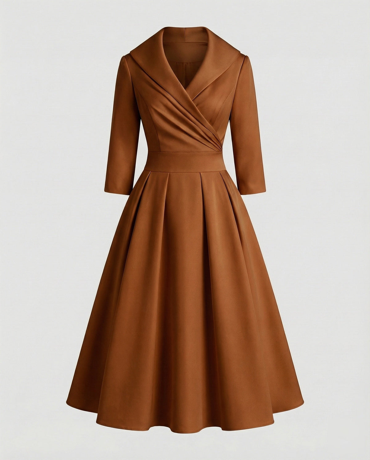 Vestido midi de senhora com gola de xaile, corpete com efeito cruzado e cintura marcada - estilo rodado de inspiração retro para ocasiões especiais