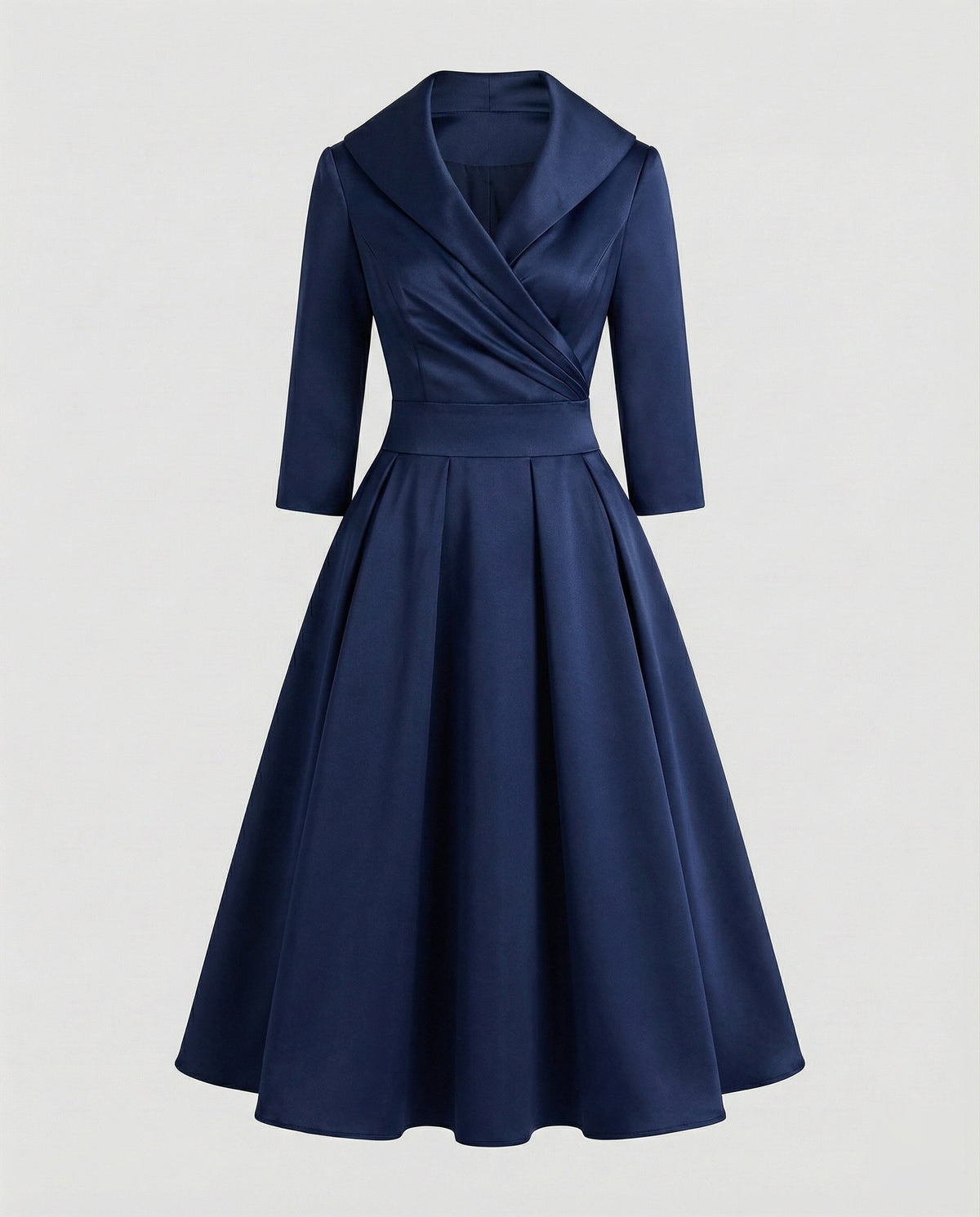 Vestido midi de senhora com gola de xaile, corpete com efeito cruzado e cintura marcada - estilo rodado de inspiração retro para ocasiões especiais
