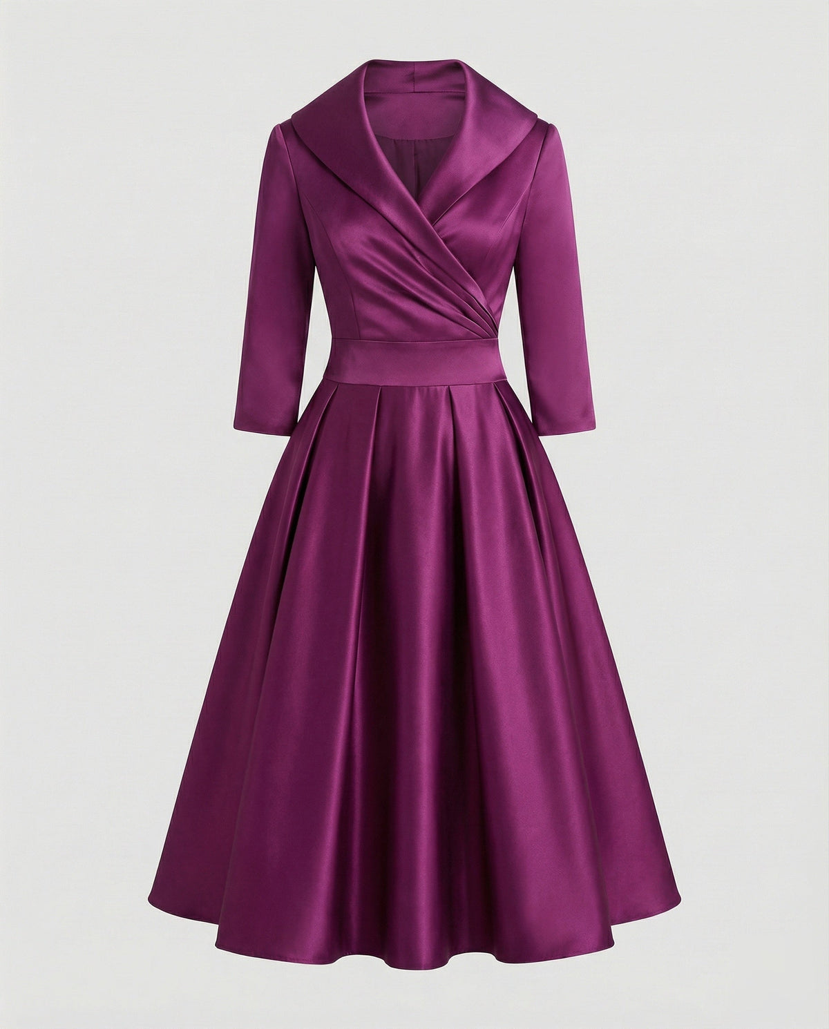 Vestido midi de senhora com gola de xaile, corpete com efeito cruzado e cintura marcada - estilo rodado de inspiração retro para ocasiões especiais
