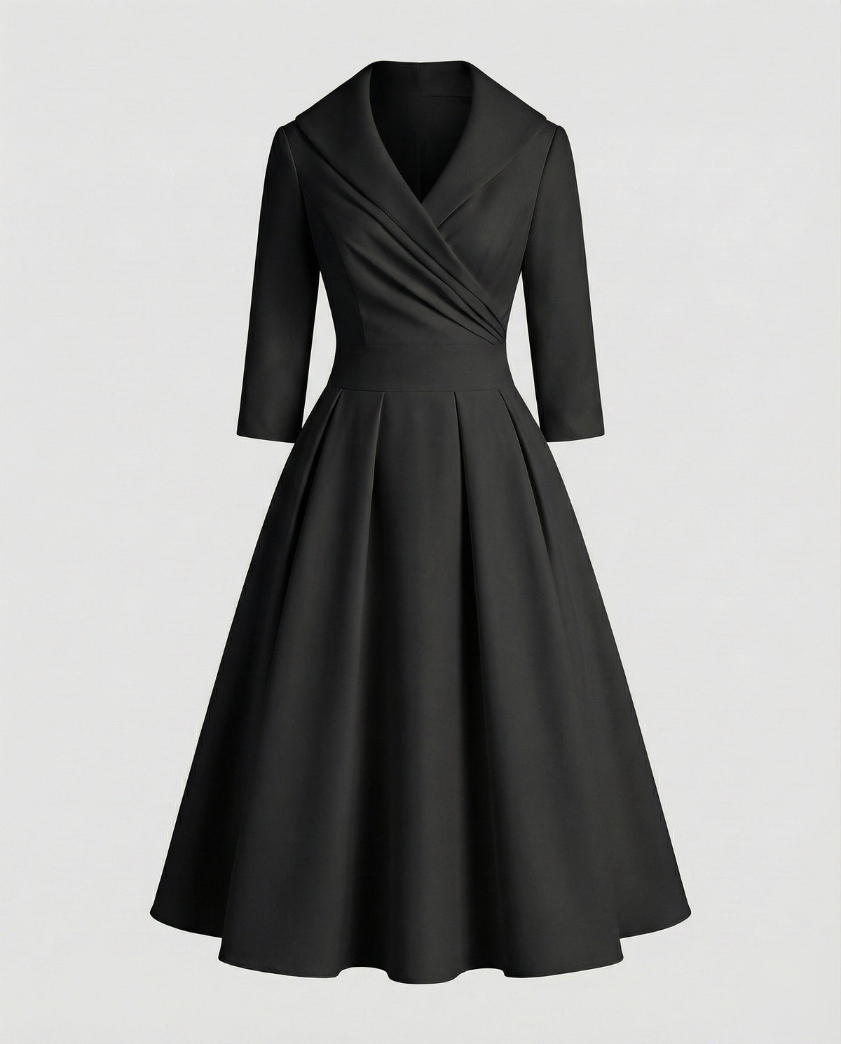 Vestido midi de senhora com gola de xaile, corpete com efeito cruzado e cintura marcada - estilo rodado de inspiração retro para ocasiões especiais