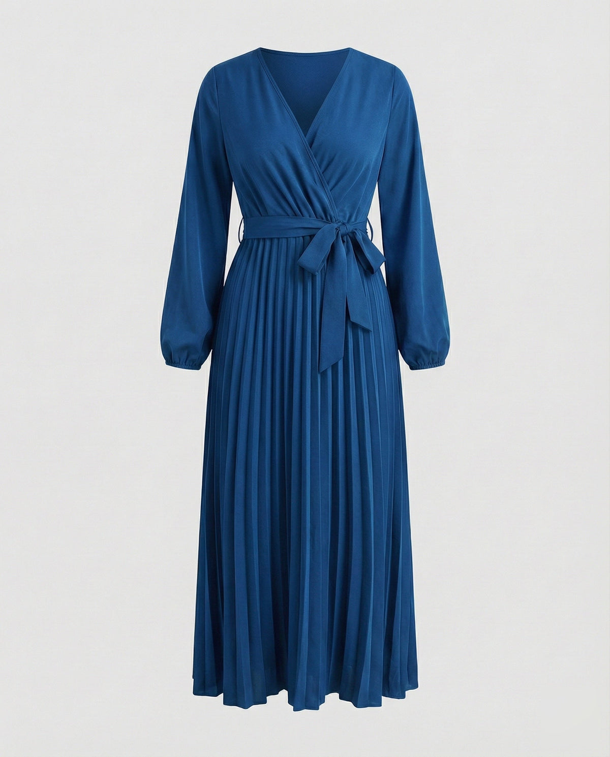 Vestido largo plisado de mujer con escote cruzado y cintura con lazo - mangas largas abullonadas para ocasiones elegantes