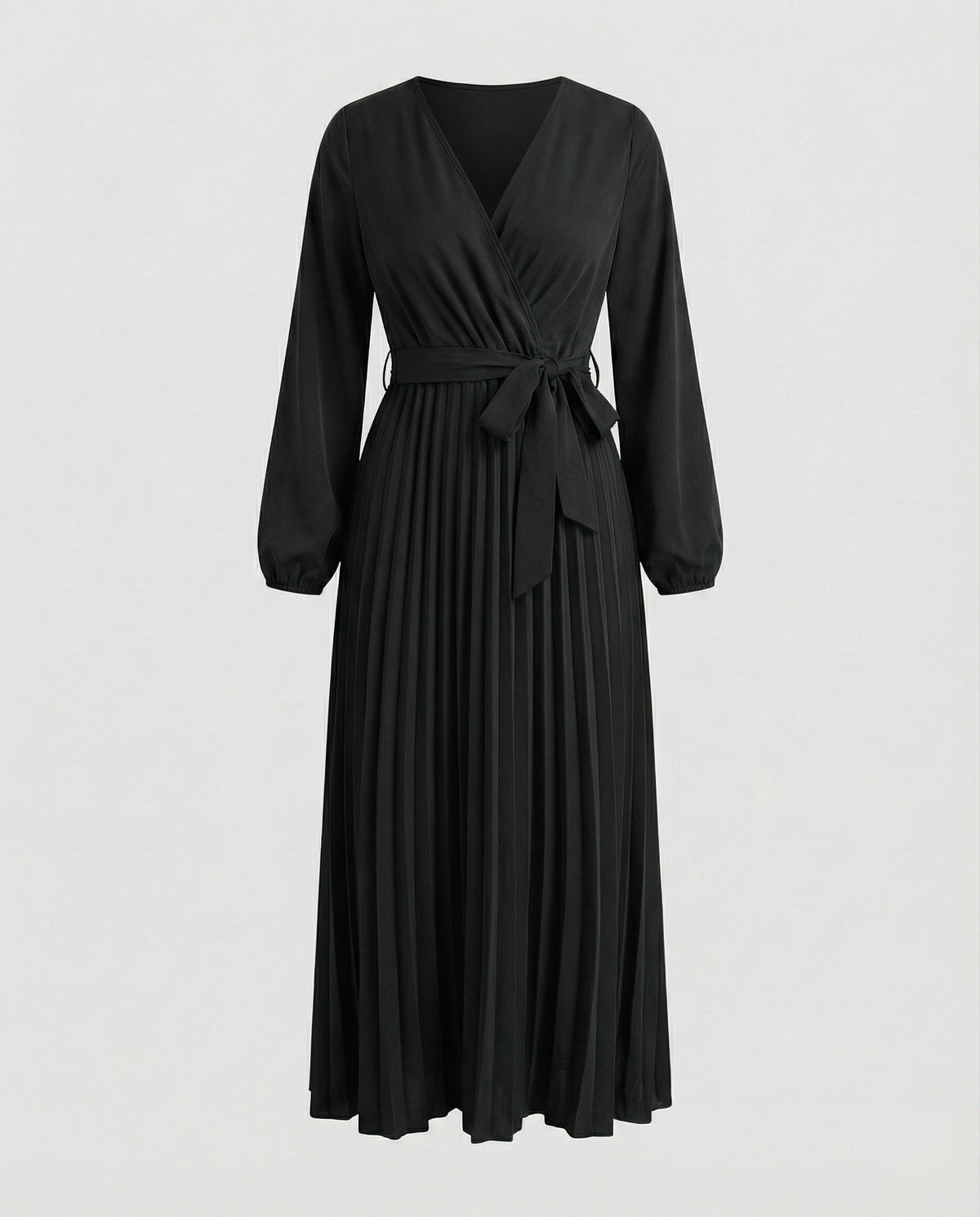 Vestido largo plisado de mujer con escote cruzado y cintura con lazo - mangas largas abullonadas para ocasiones elegantes