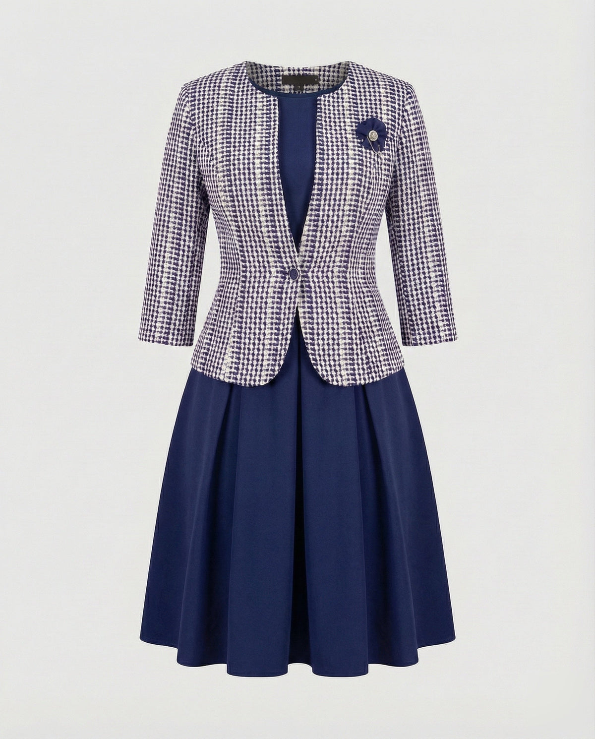Tweedelige set voor dames met midi-jurk en kraagloos jasje - geplooide rok en getailleerd jasje voor speciale gelegenheden