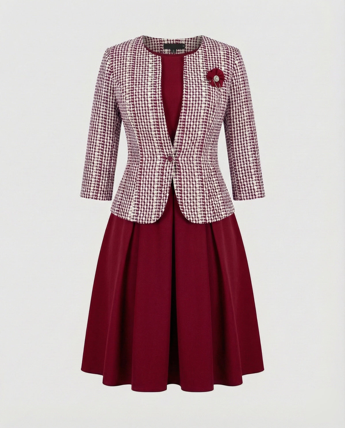 Tweedelige set voor dames met midi-jurk en kraagloos jasje - geplooide rok en getailleerd jasje voor speciale gelegenheden