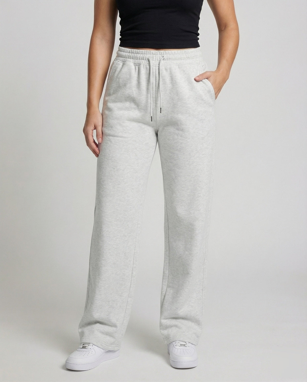 Pantaloni jogger cu talie înaltă și craci largi pentru femei, cu șnur și buzunare laterale - stil casual lejer, cu lungime întreagă