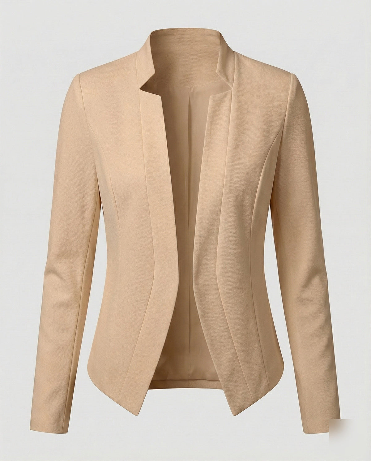 Women’s Fitted Open Front Blazer with Stand Collar and Curved Hem – Tailored Style for Work and Evening