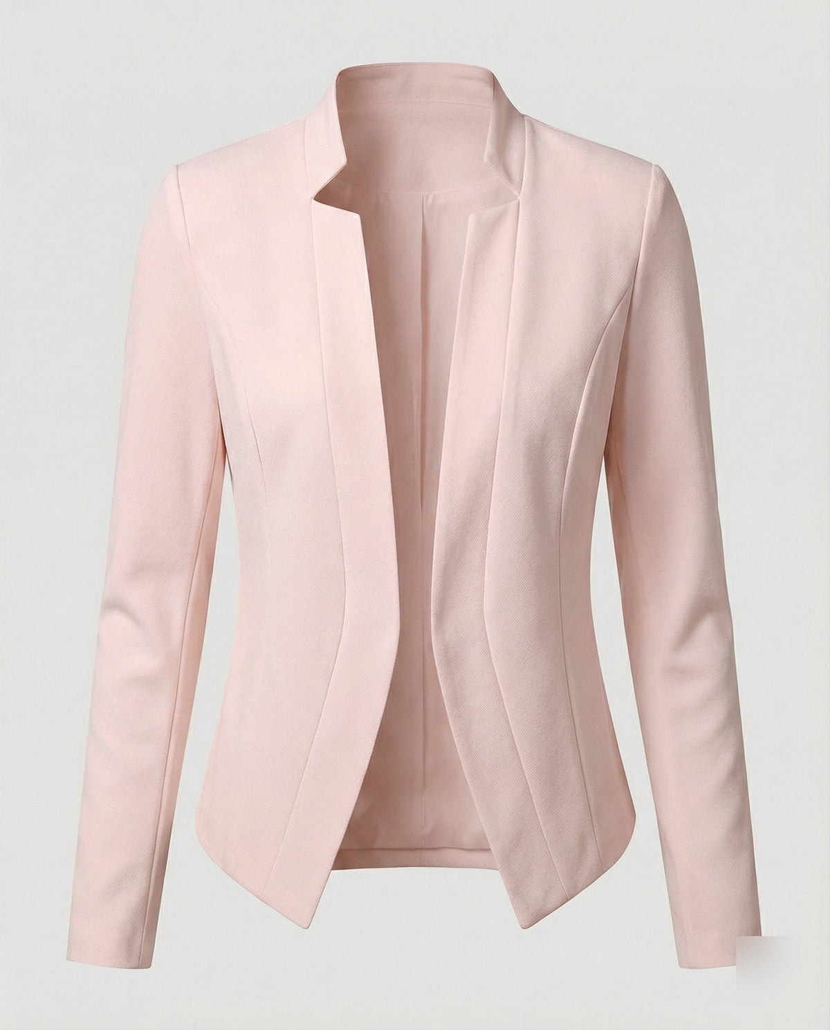 Women’s Fitted Open Front Blazer with Stand Collar and Curved Hem – Tailored Style for Work and Evening