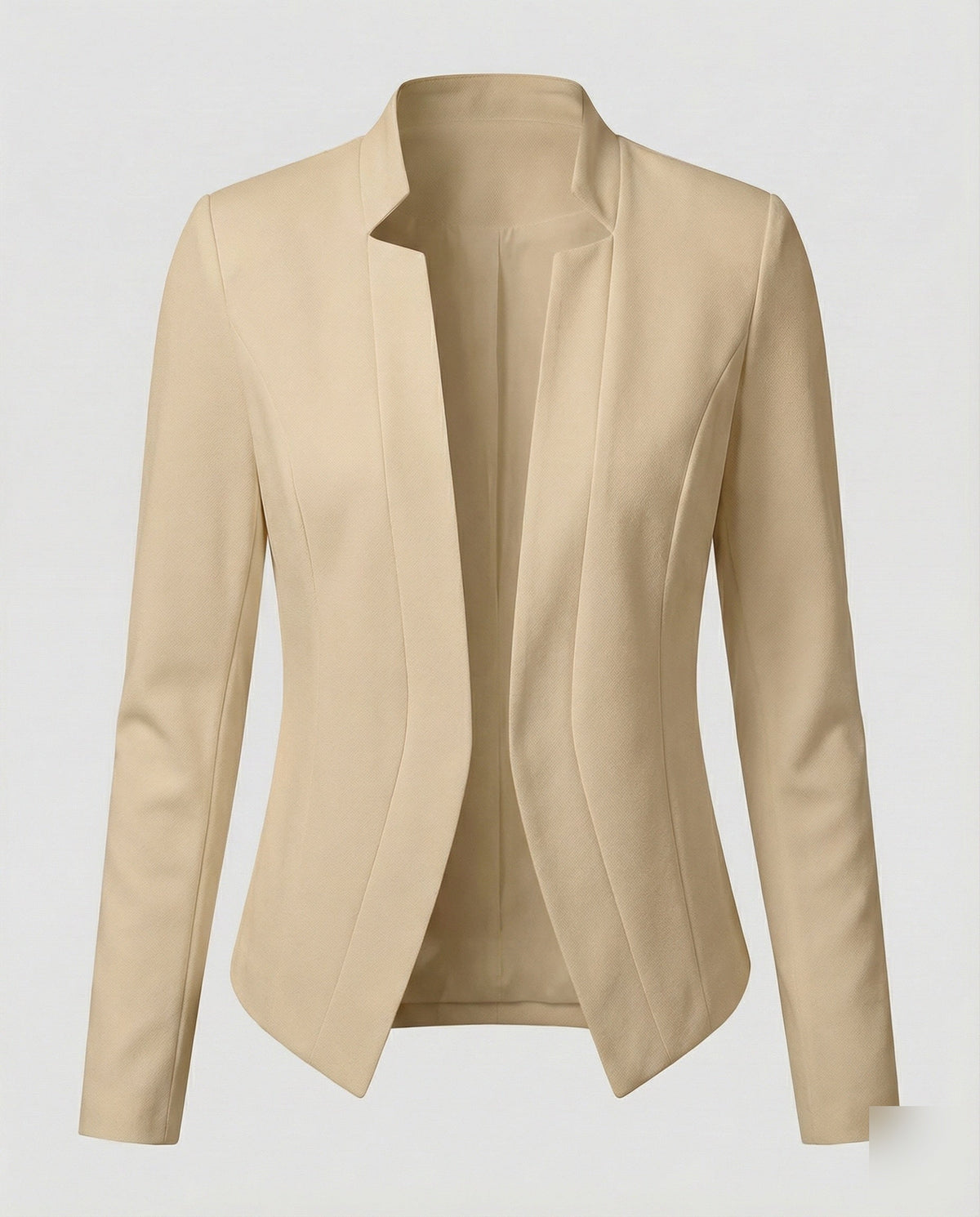 Women’s Fitted Open Front Blazer with Stand Collar and Curved Hem – Tailored Style for Work and Evening