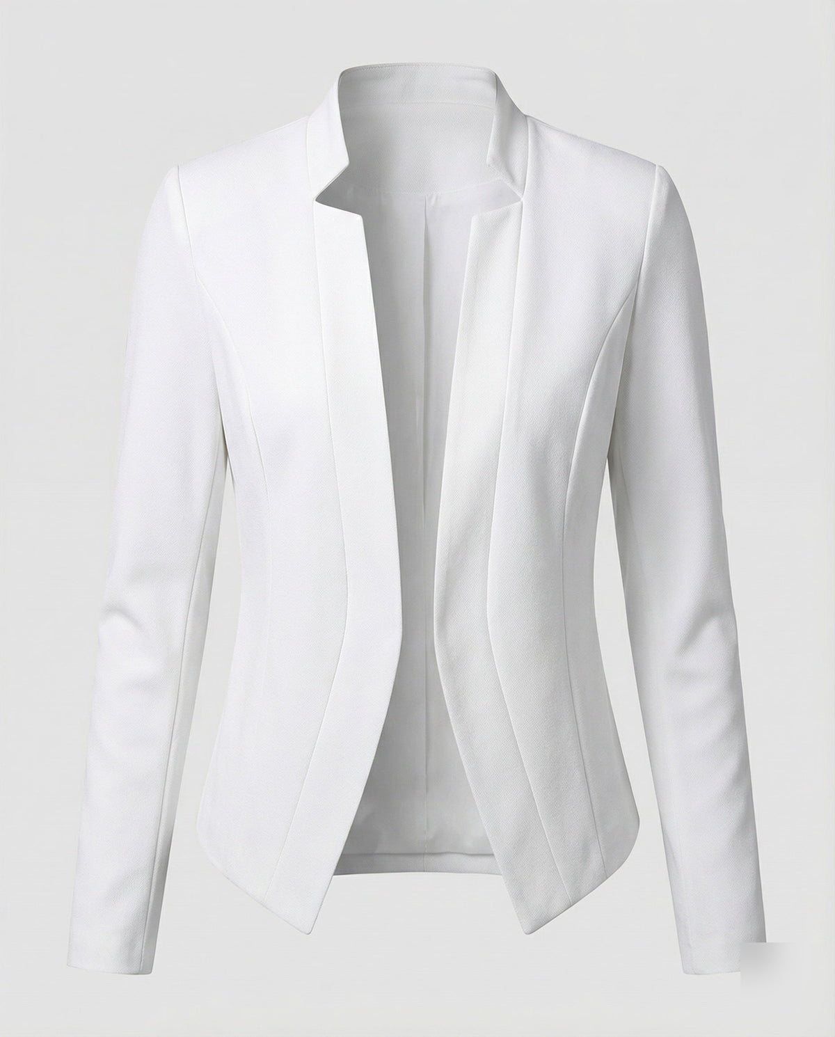 Women’s Fitted Open Front Blazer with Stand Collar and Curved Hem – Tailored Style for Work and Evening