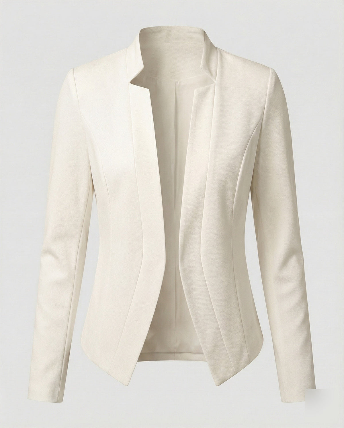 Women’s Fitted Open Front Blazer with Stand Collar and Curved Hem – Tailored Style for Work and Evening