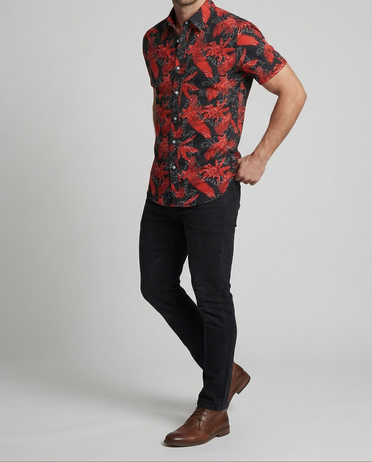 Chemise imprimée à manches courtes pour homme avec col pointu – Chemise ajustée à boutons pour les vacances d’été et les soirées