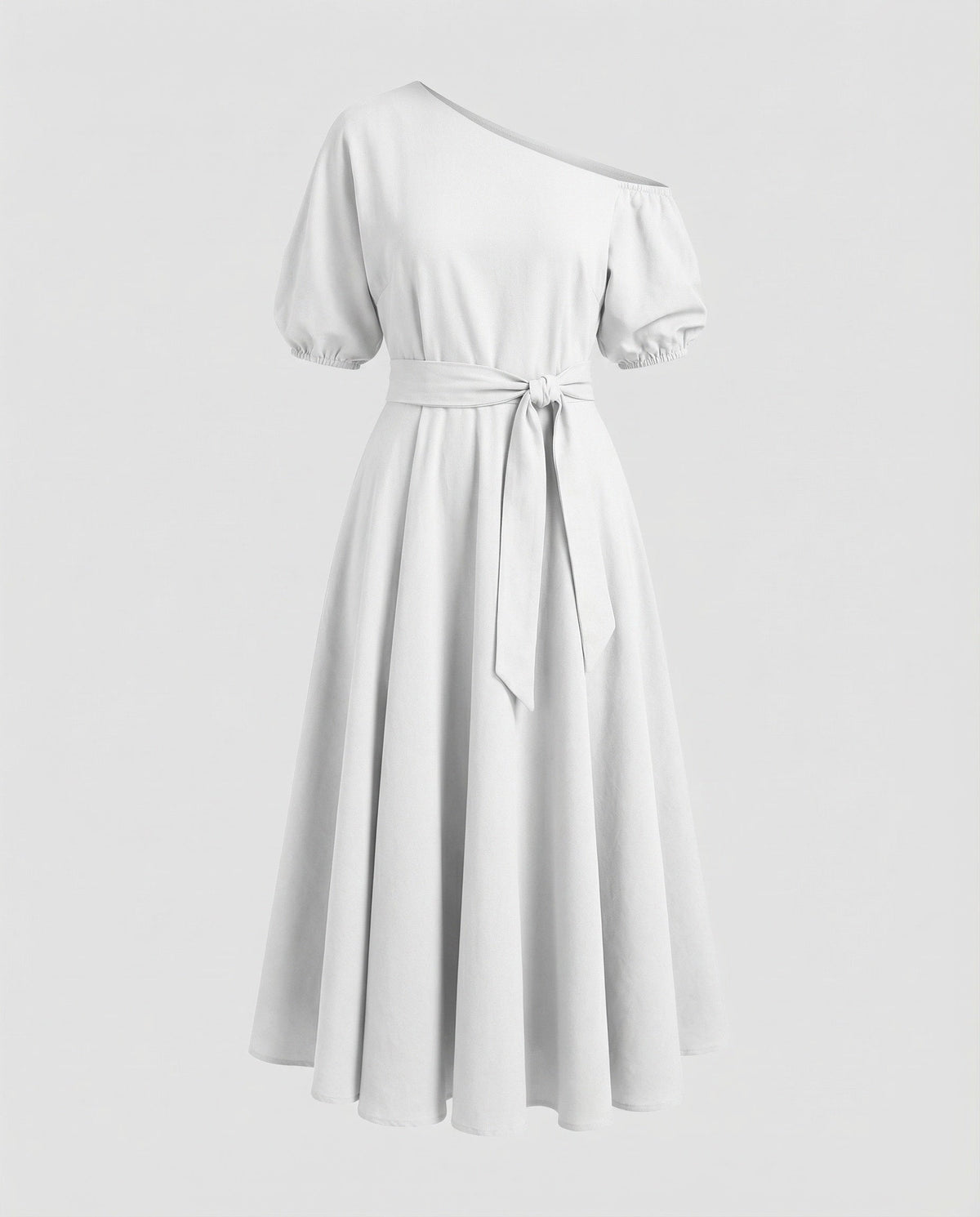 Bardot-Midikleid für Damen mit Puffärmeln und Bindegürtel – Modell mit weitem Rock für sommerliche Anlässe